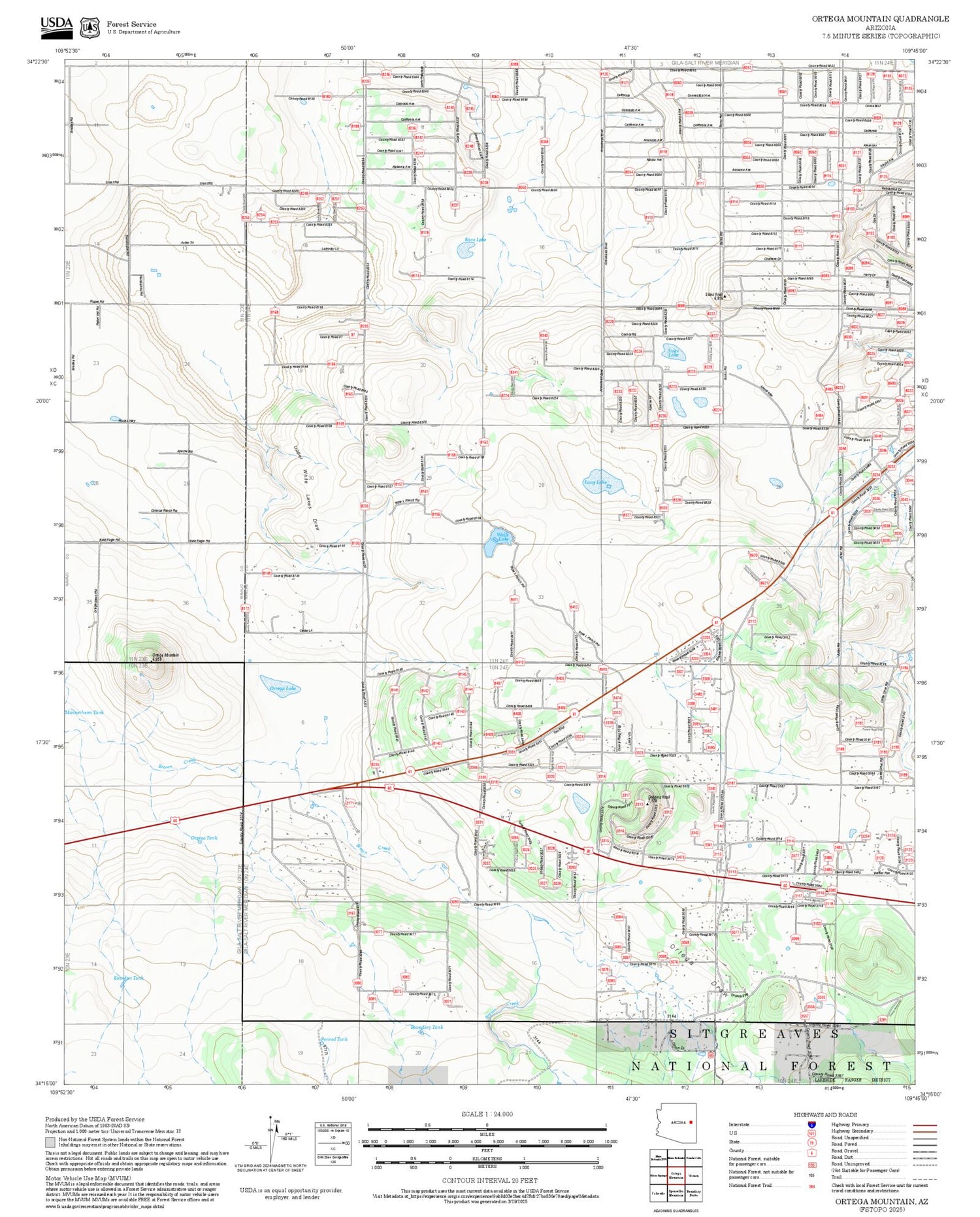 2025 Forest Service Topo Map of Ortega Mountain Arizona