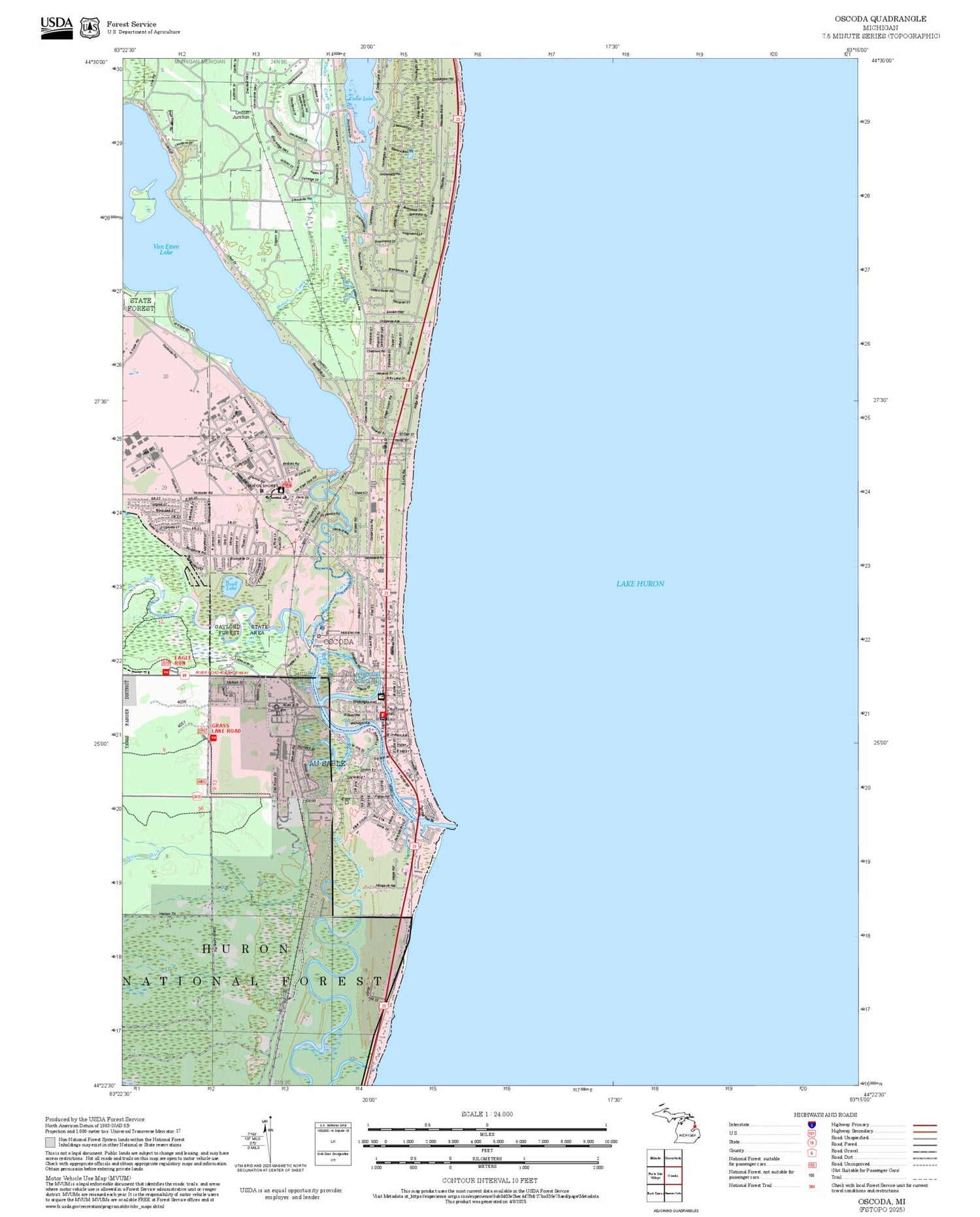 2025 Forest Service Topo Map of Oscoda Michigan
