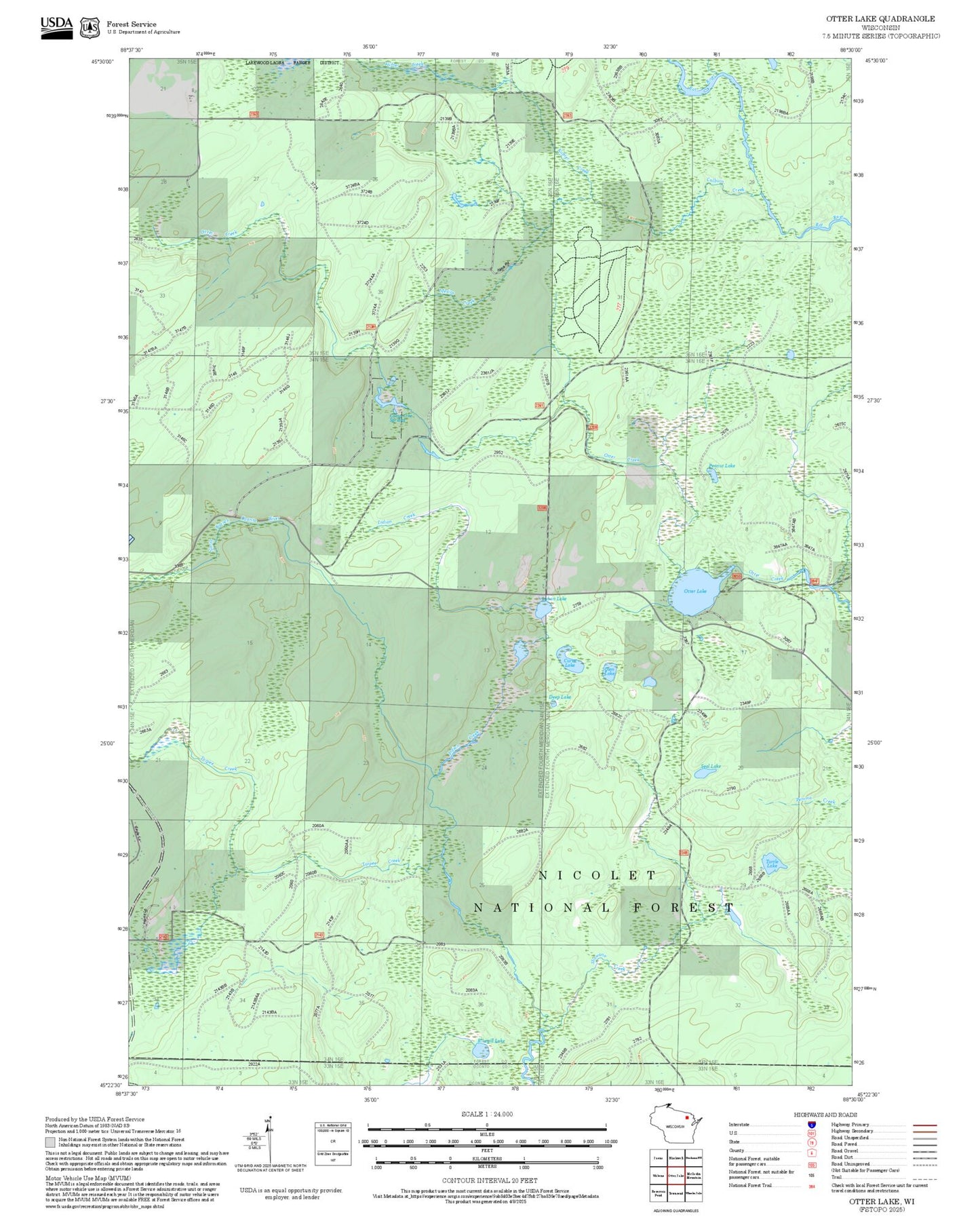 2025 Forest Service Topo Map of Otter Lake Wisconsin