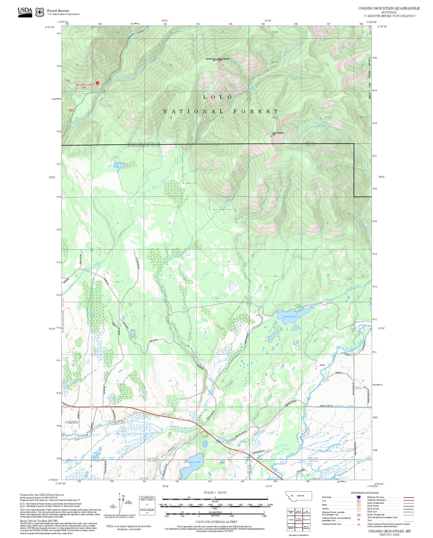 2025 Forest Service Topo Map of Ovando Mountain Montana
