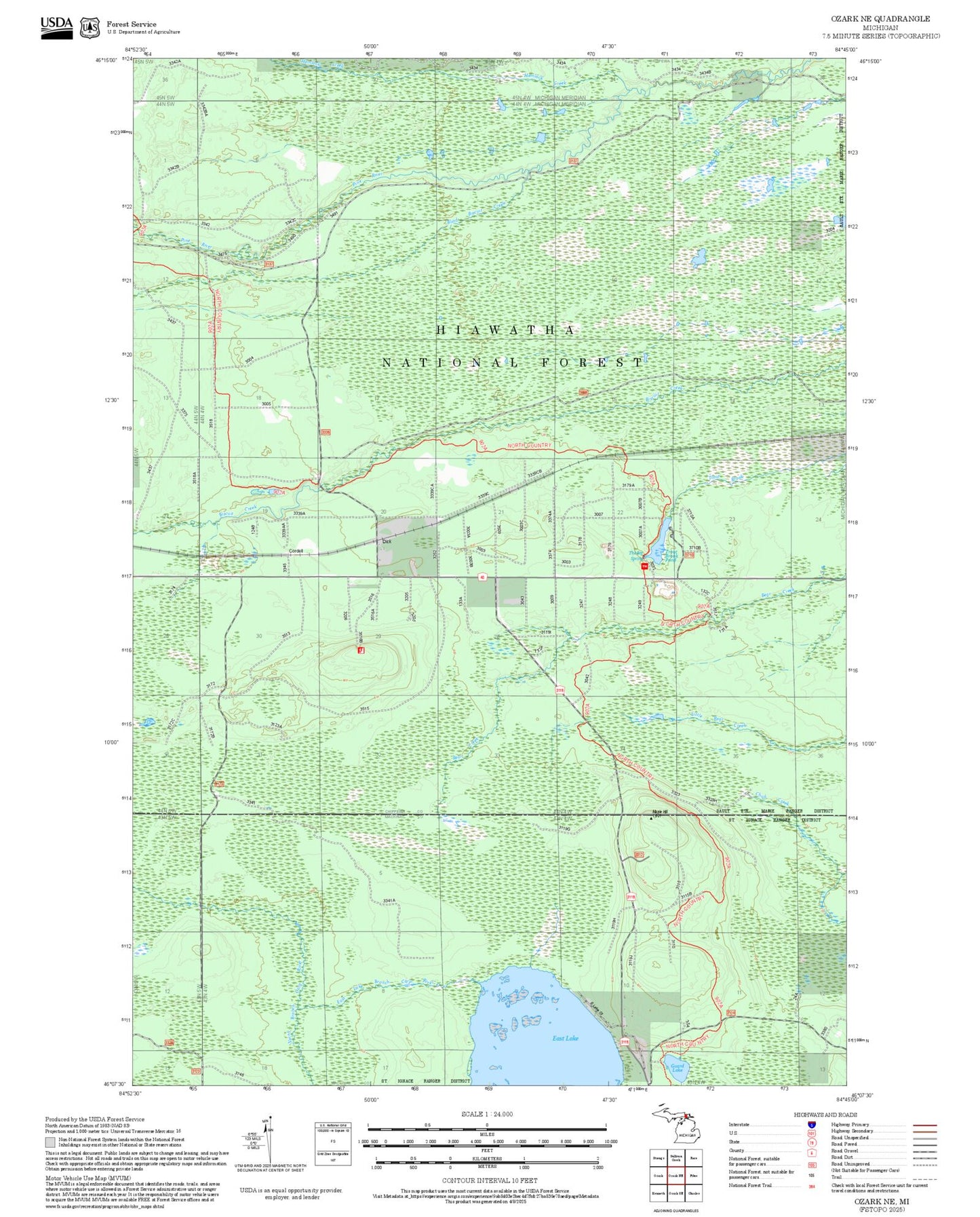 2025 Forest Service Topo Map of Ozark NE Michigan