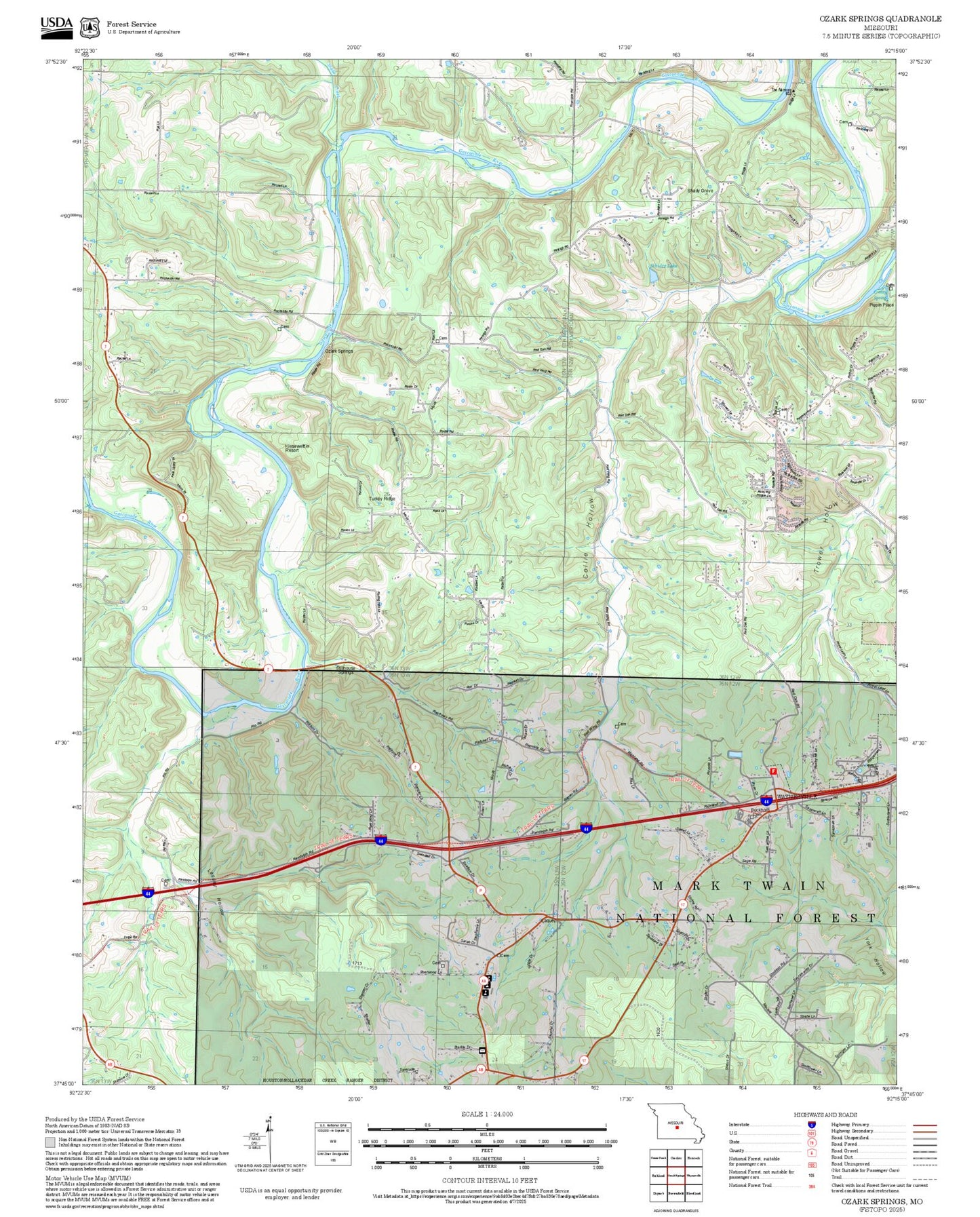 2025 Forest Service Topo Map of Ozark Springs Missouri