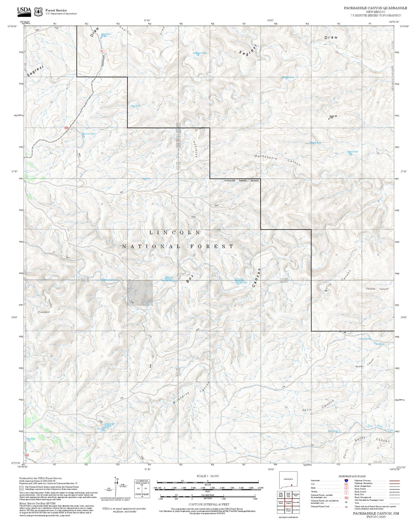 2025 Forest Service Topo Map of Packsaddle Canyon New Mexico