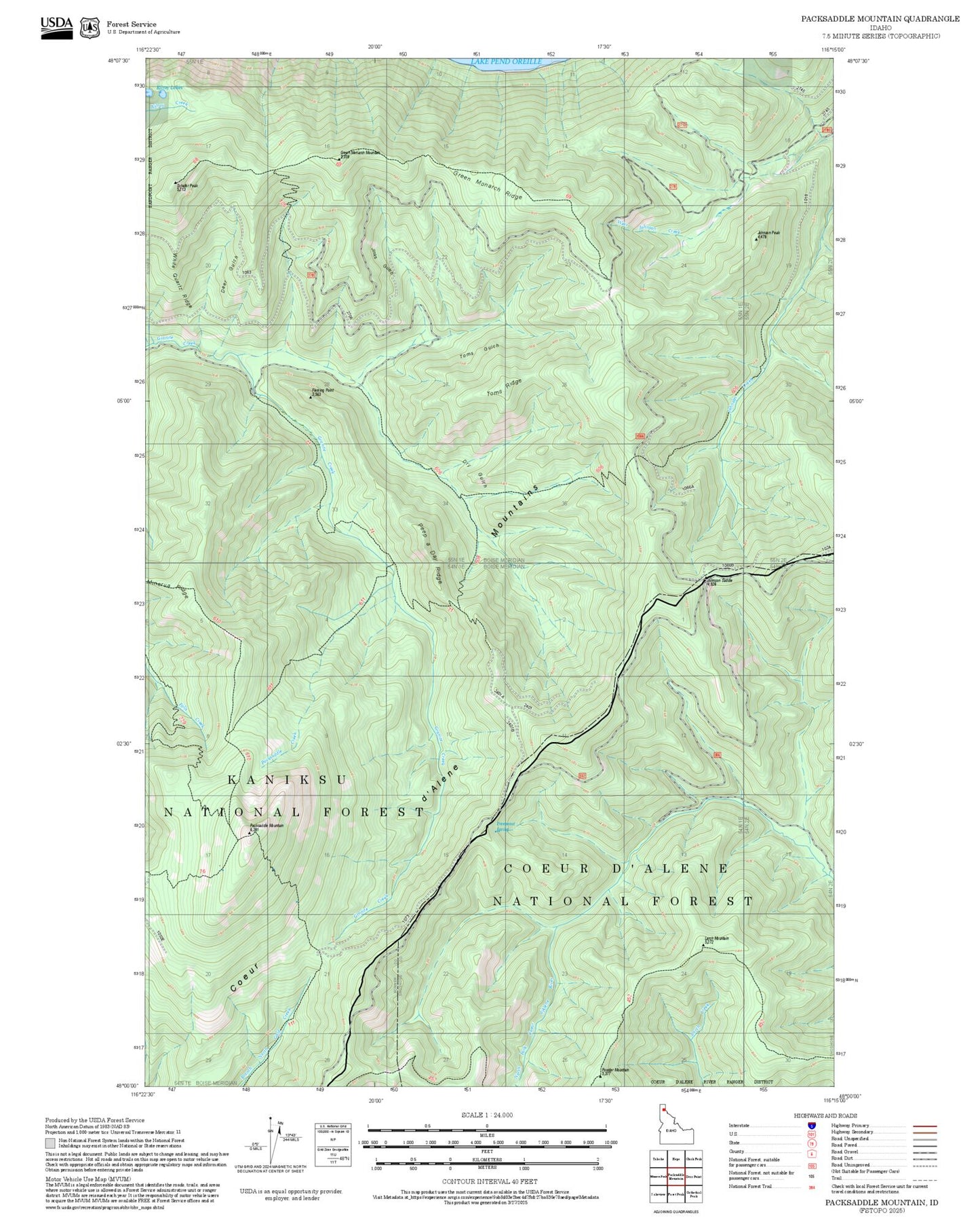 2025 Forest Service Topo Map of Packsaddle Mountain Idaho