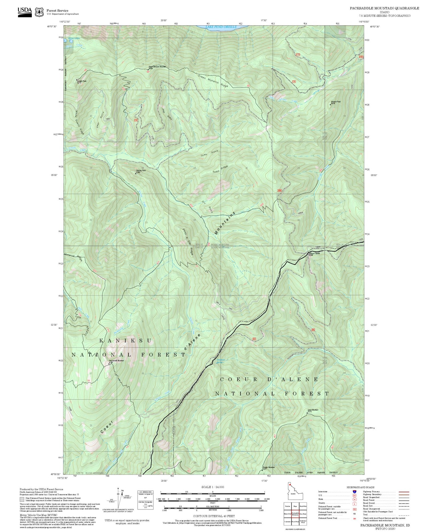 2025 Forest Service Topo Map of Packsaddle Mountain Idaho