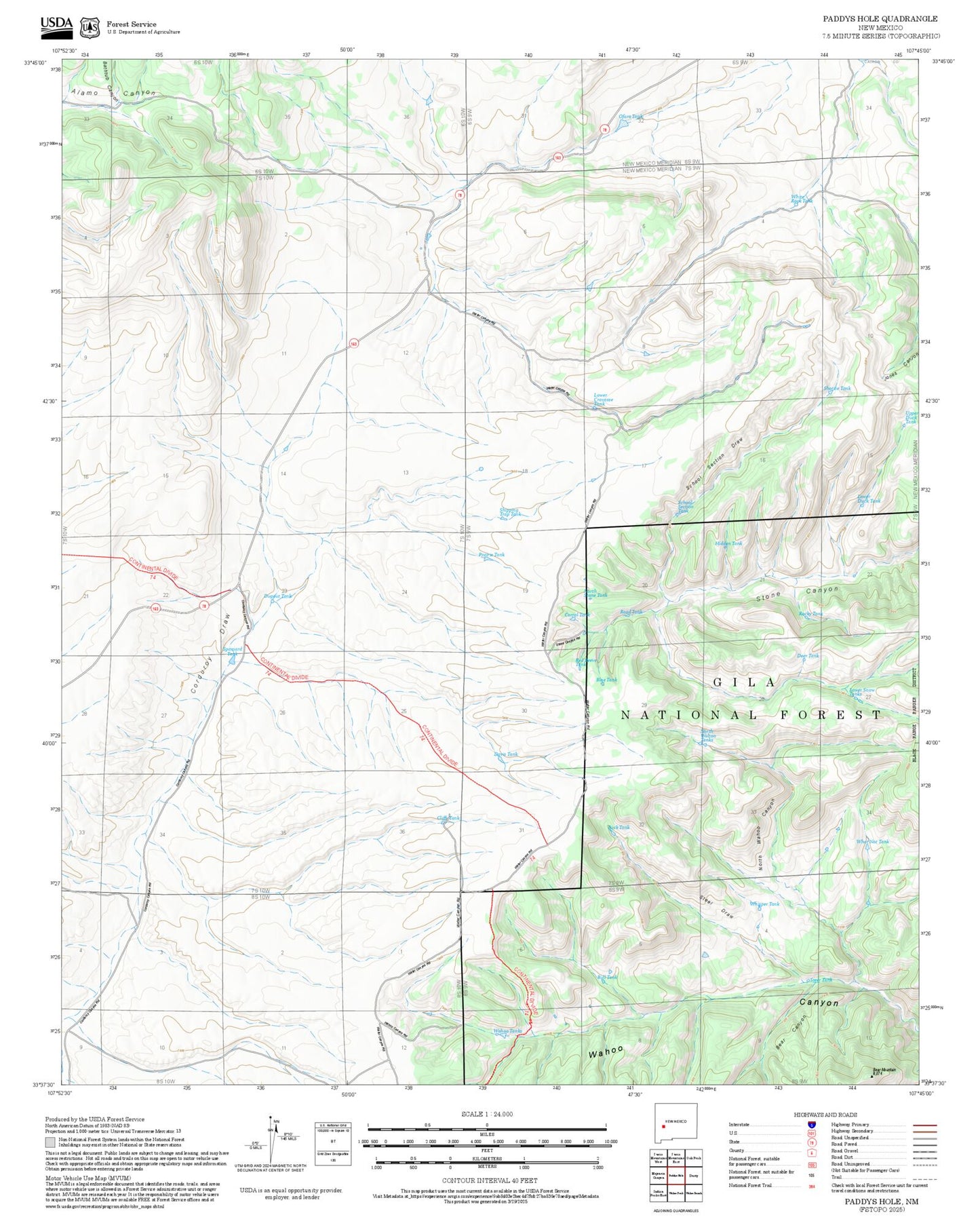 2025 Forest Service Topo Map of Paddys Hole New Mexico