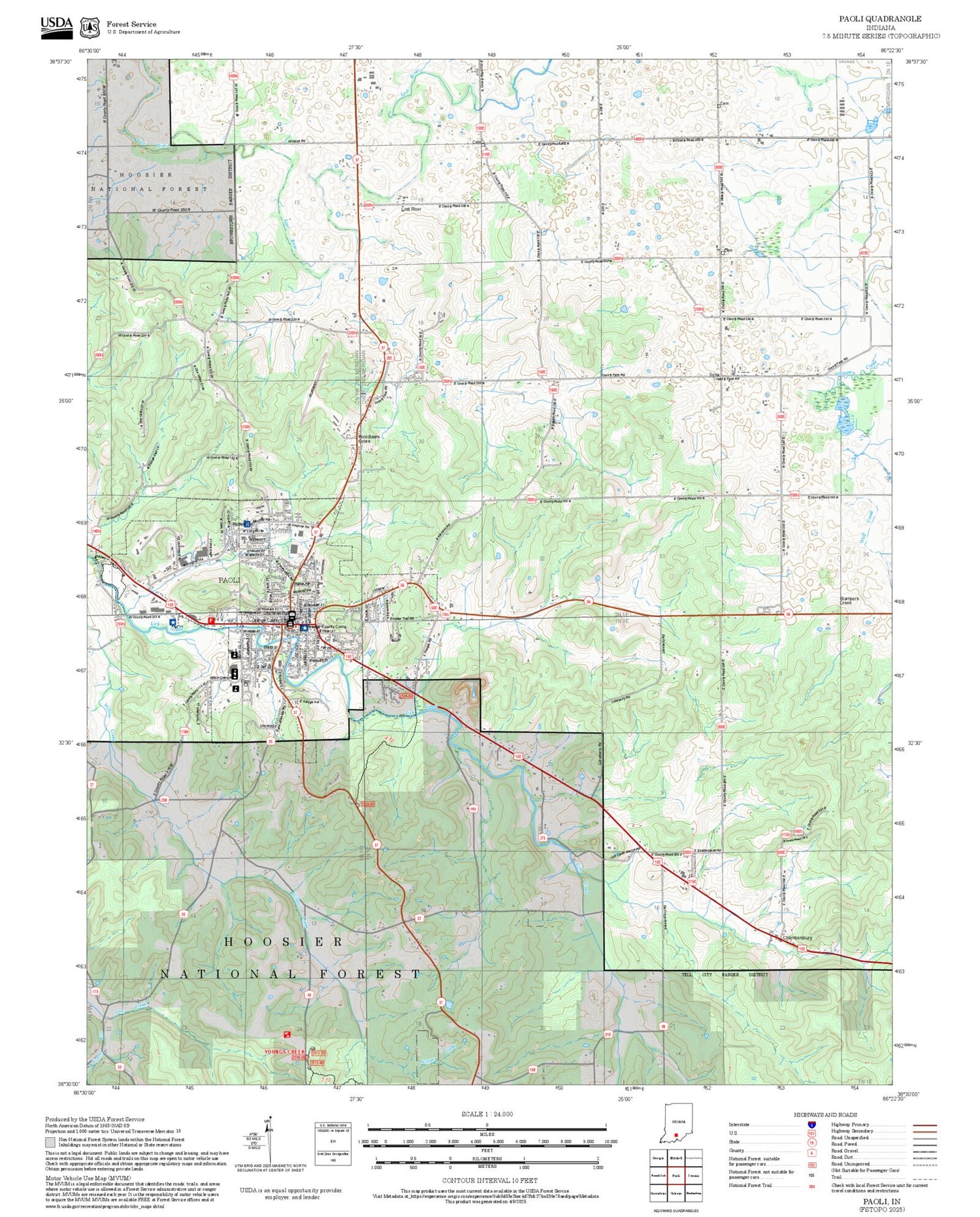 2025 Forest Service Topo Map of Paoli Indiana