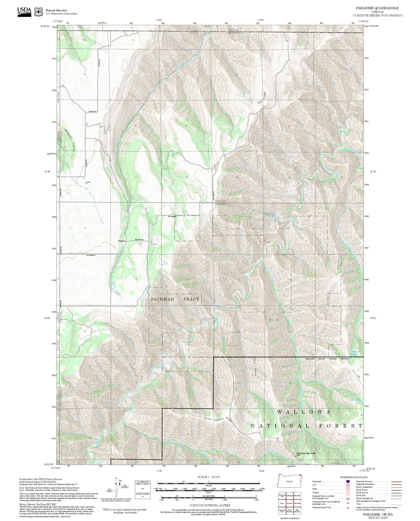 2025 Forest Service Topo Map of Paradise Oregon