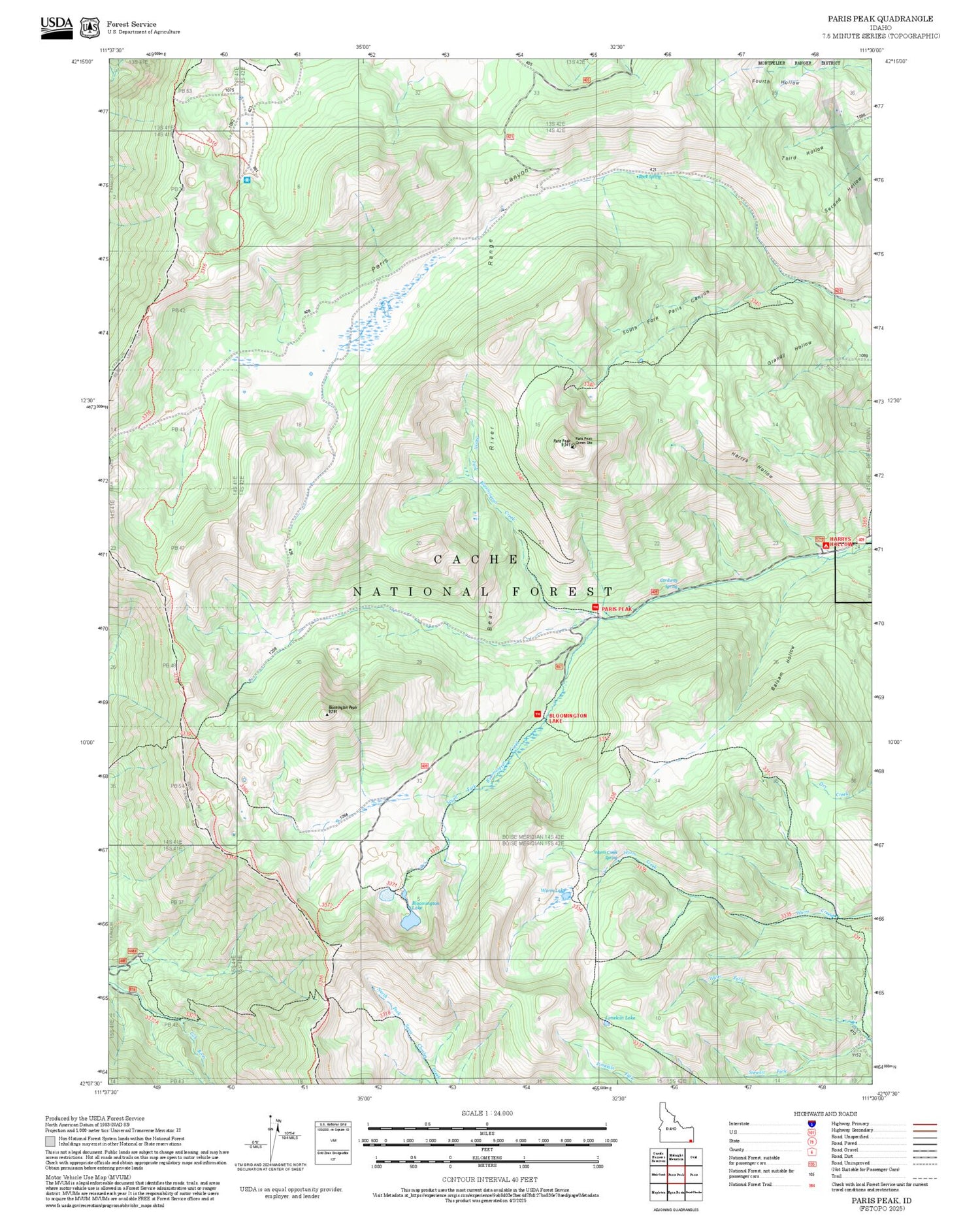2025 Forest Service Topo Map of Paris Peak Idaho