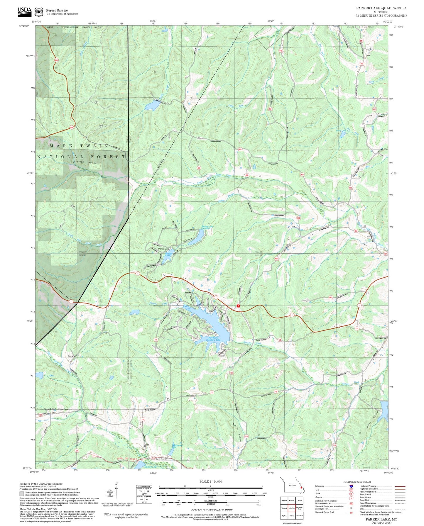 2025 Forest Service Topo Map of Parker Lake Missouri
