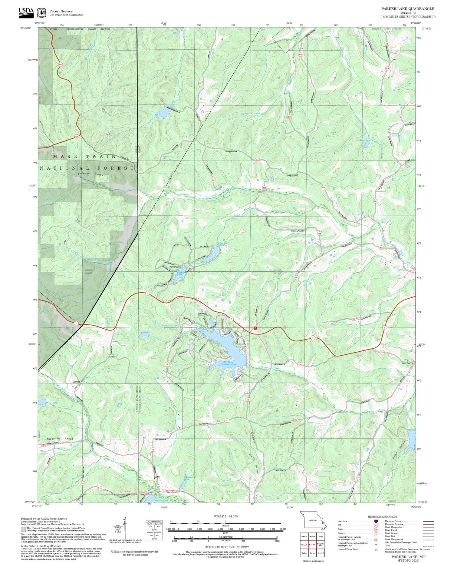 2025 Forest Service Topo Map of Parker Lake Missouri