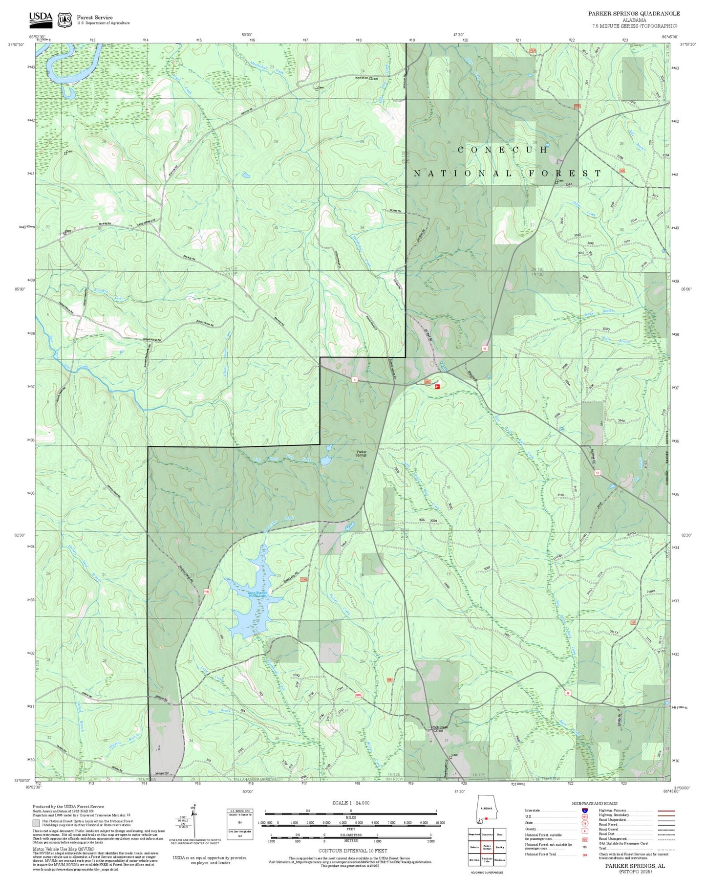 2025 Forest Service Topo Map of Parker Springs Alabama