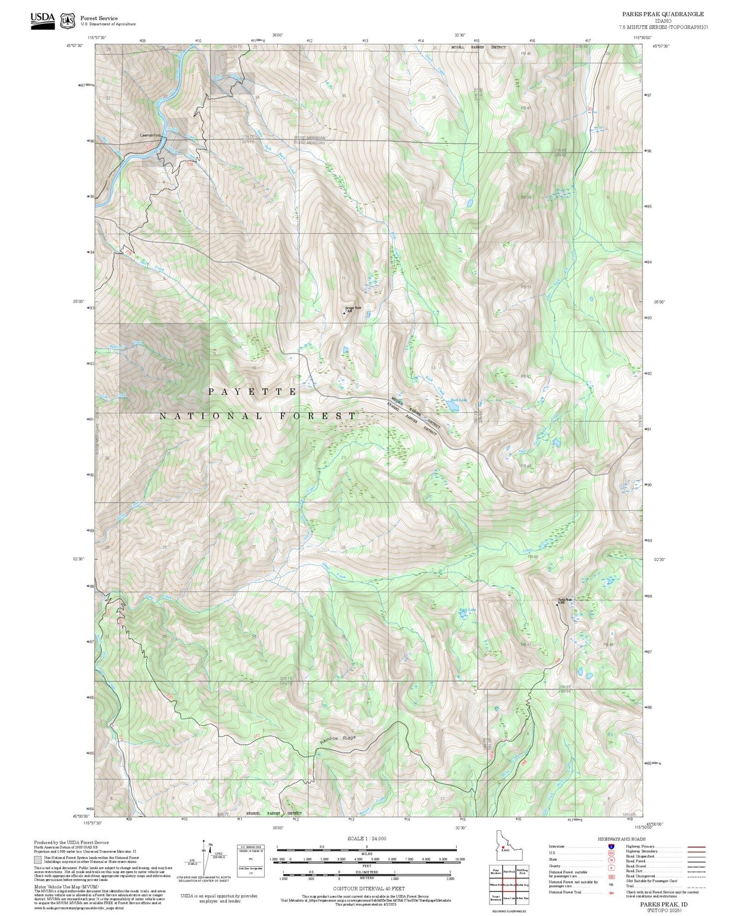 2025 Forest Service Topo Map of Parks Peak Idaho