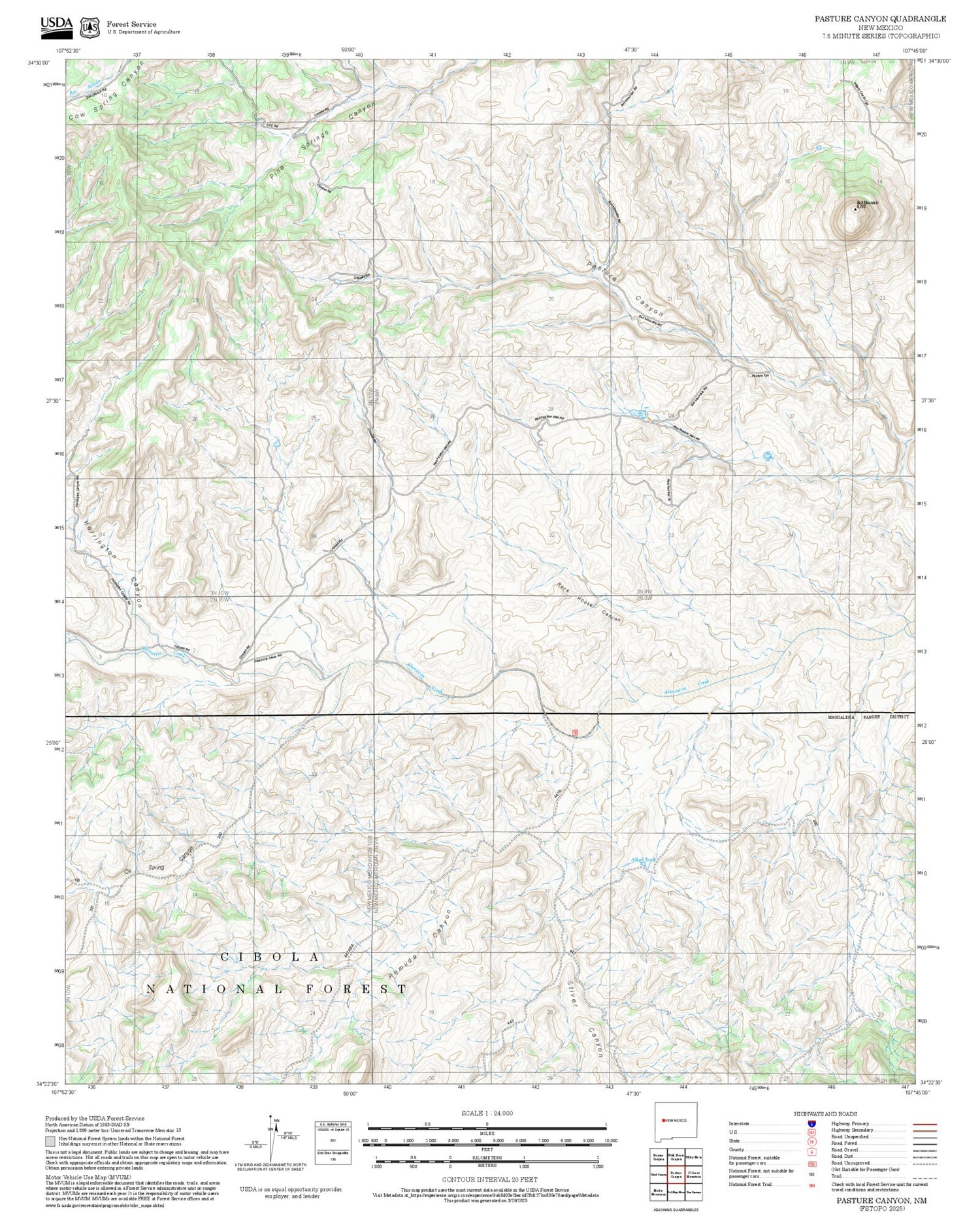 2025 Forest Service Topo Map of Pasture Canyon New Mexico