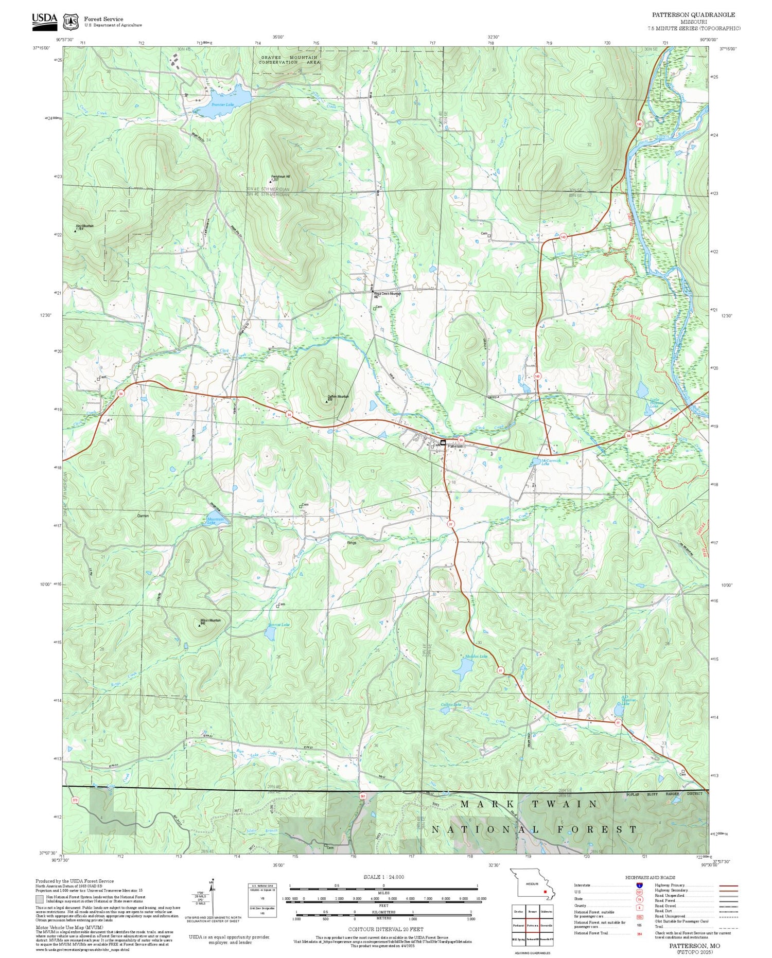 2025 Forest Service Topo Map of Patterson Missouri