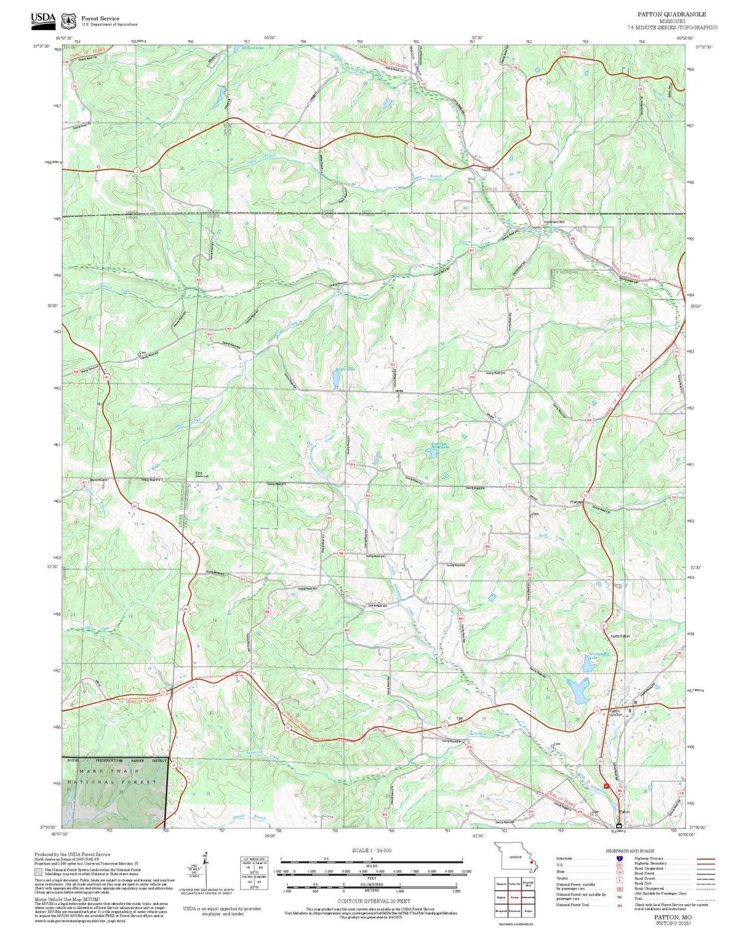 2025 Forest Service Topo Map of Patton Missouri