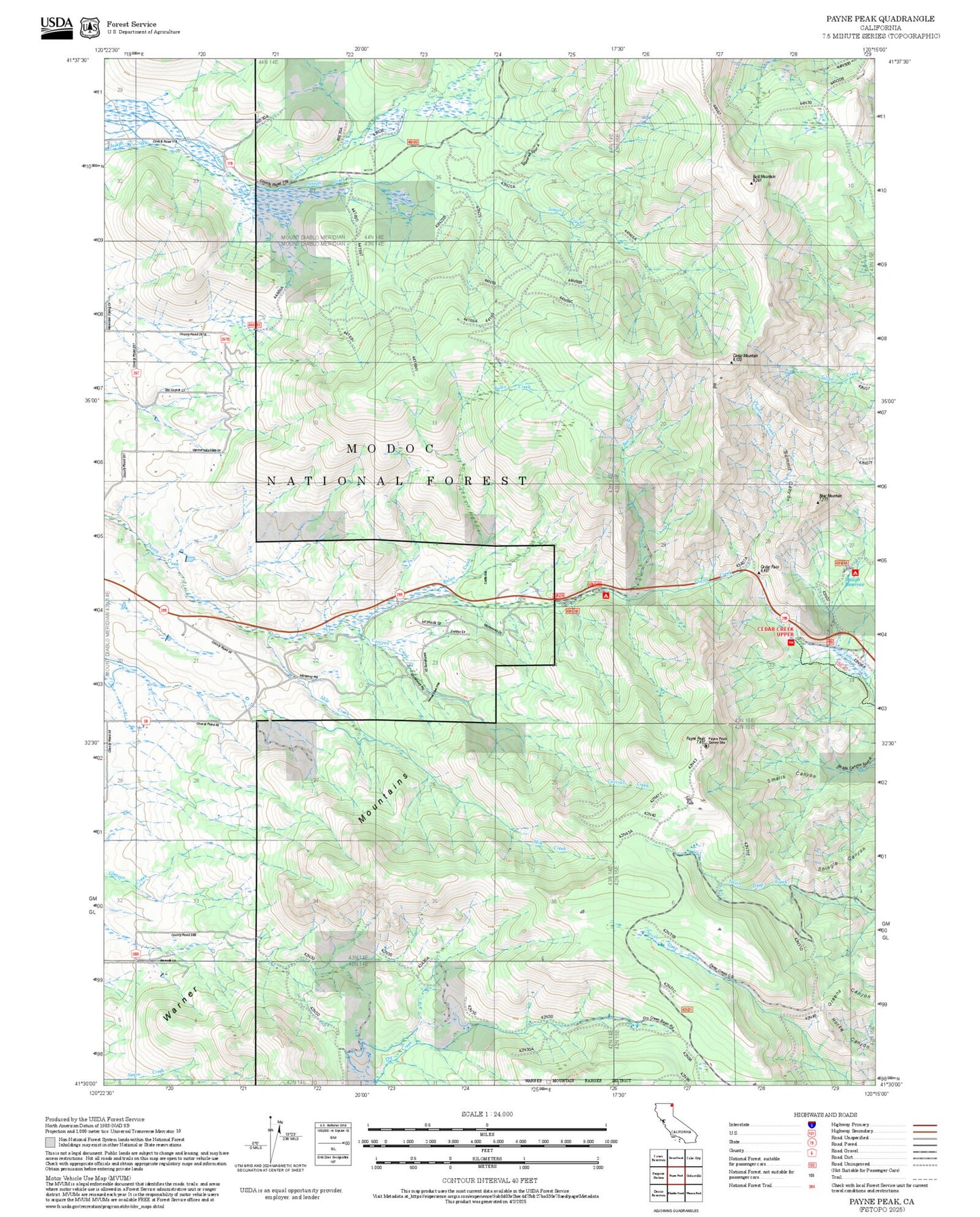 2025 Forest Service Topo Map of Payne Peak California