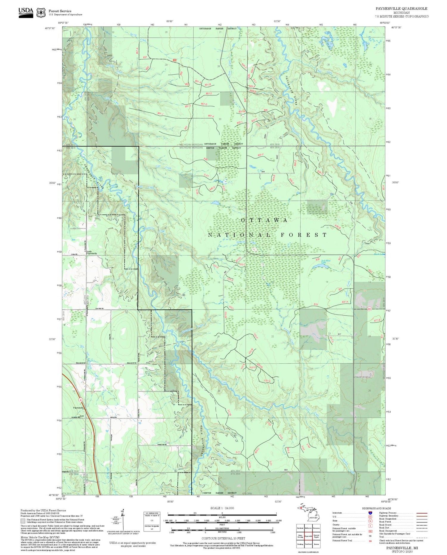 2025 Forest Service Topo Map of Paynesville Michigan