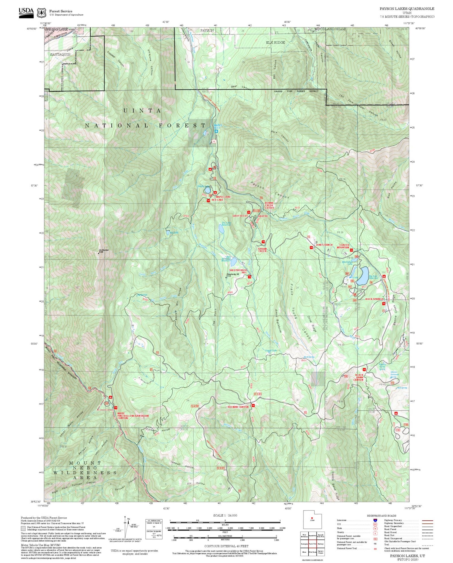 2025 Forest Service Topo Map of Payson Lakes Utah