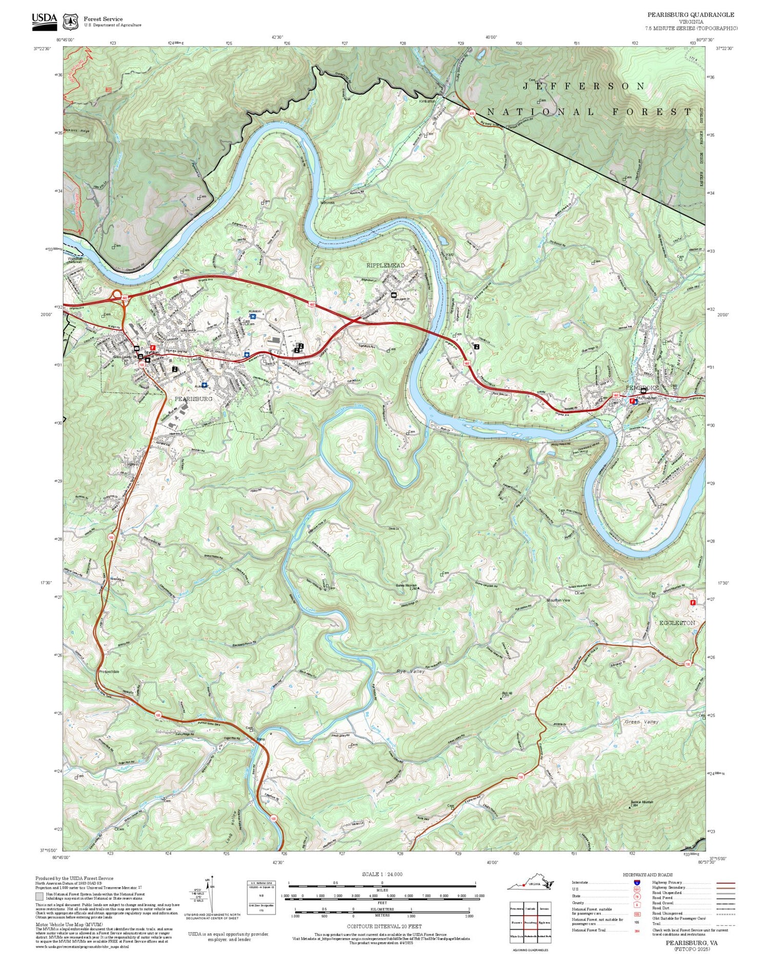2025 Forest Service Topo Map of Pearisburg Virginia