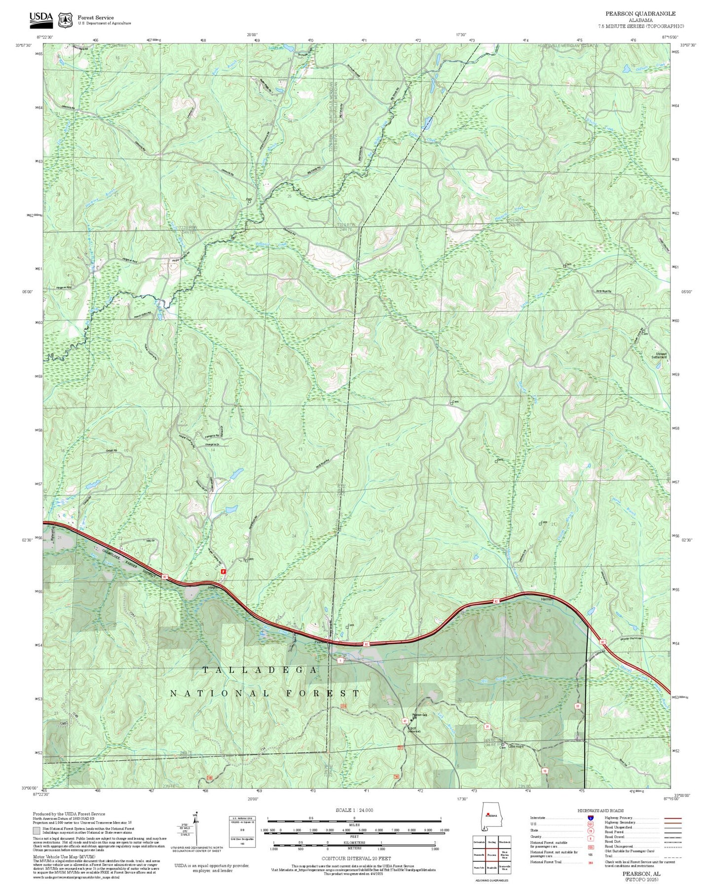 2025 Forest Service Topo Map of Pearson Alabama