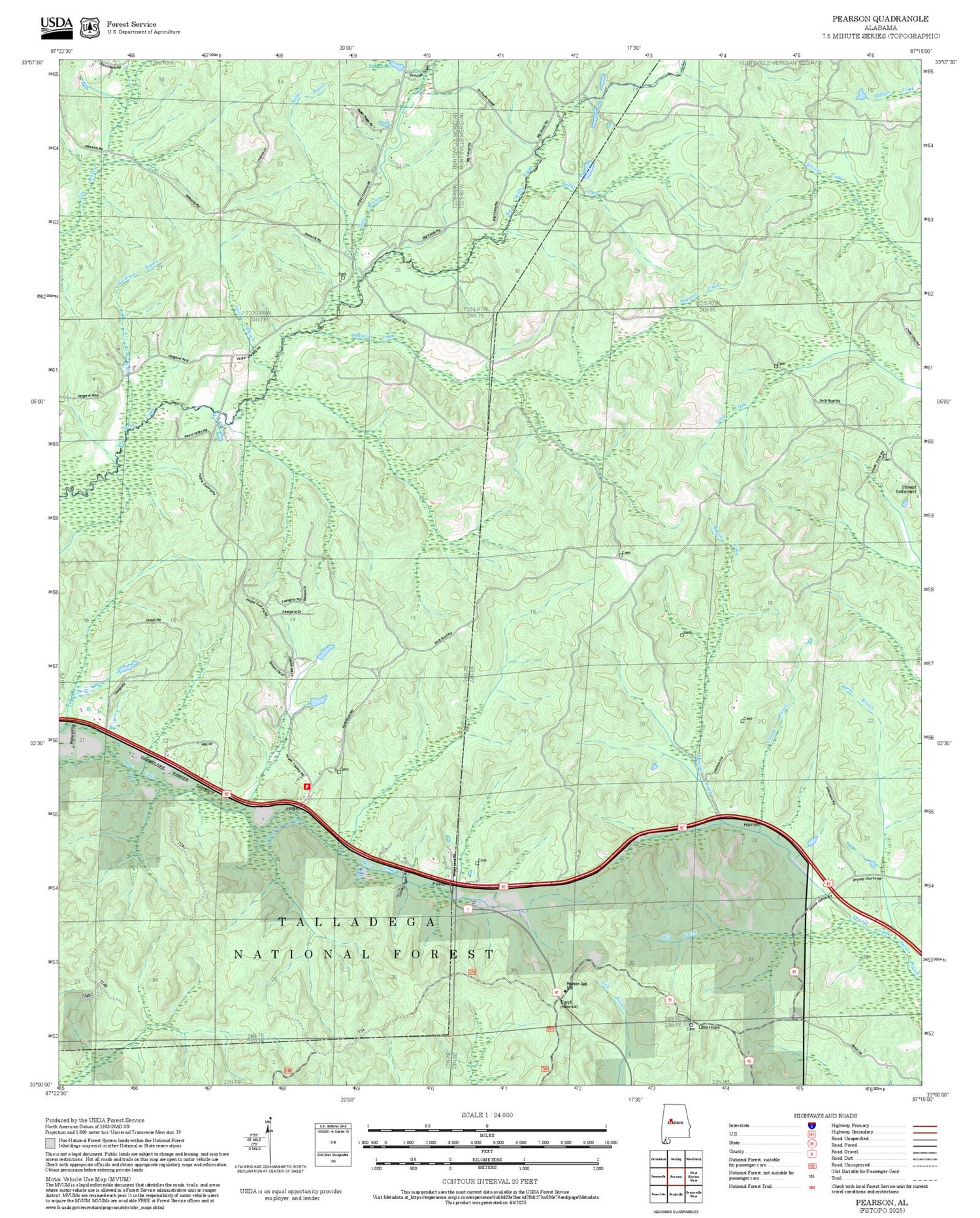 2025 Forest Service Topo Map of Pearson Alabama