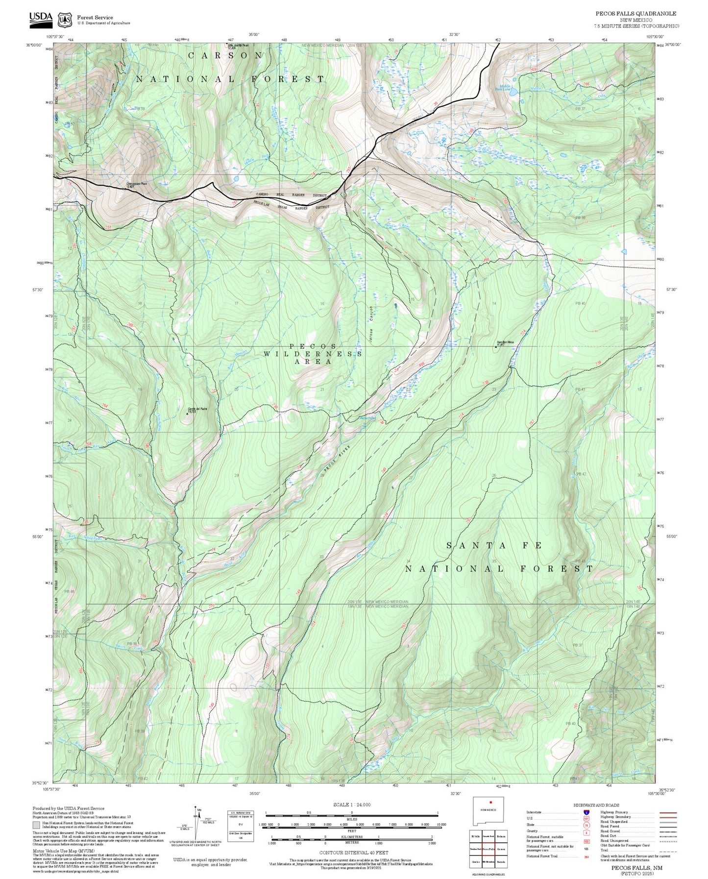 2025 Forest Service Topo Map of Pecos Falls New Mexico