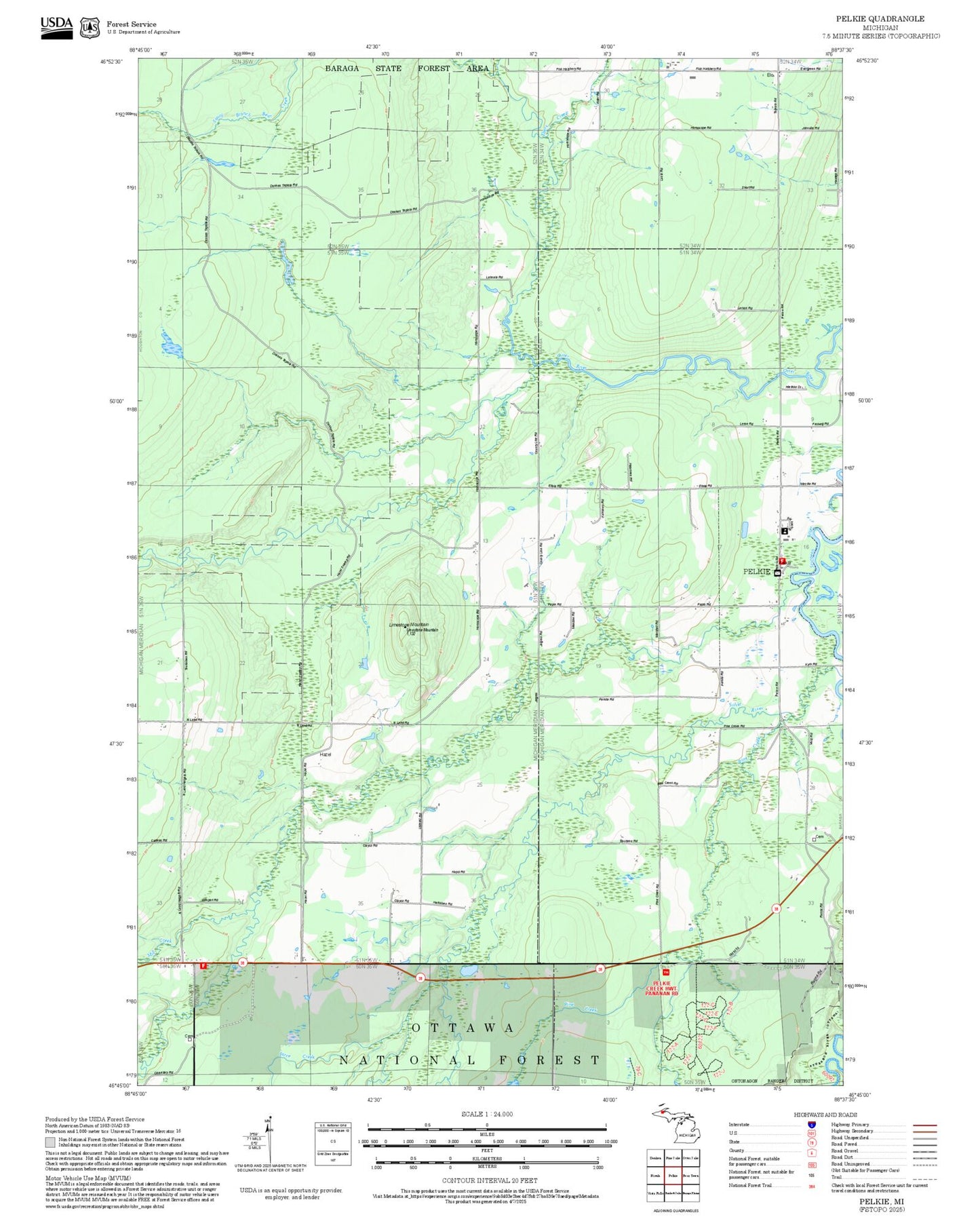 2025 Forest Service Topo Map of Pelkie Michigan