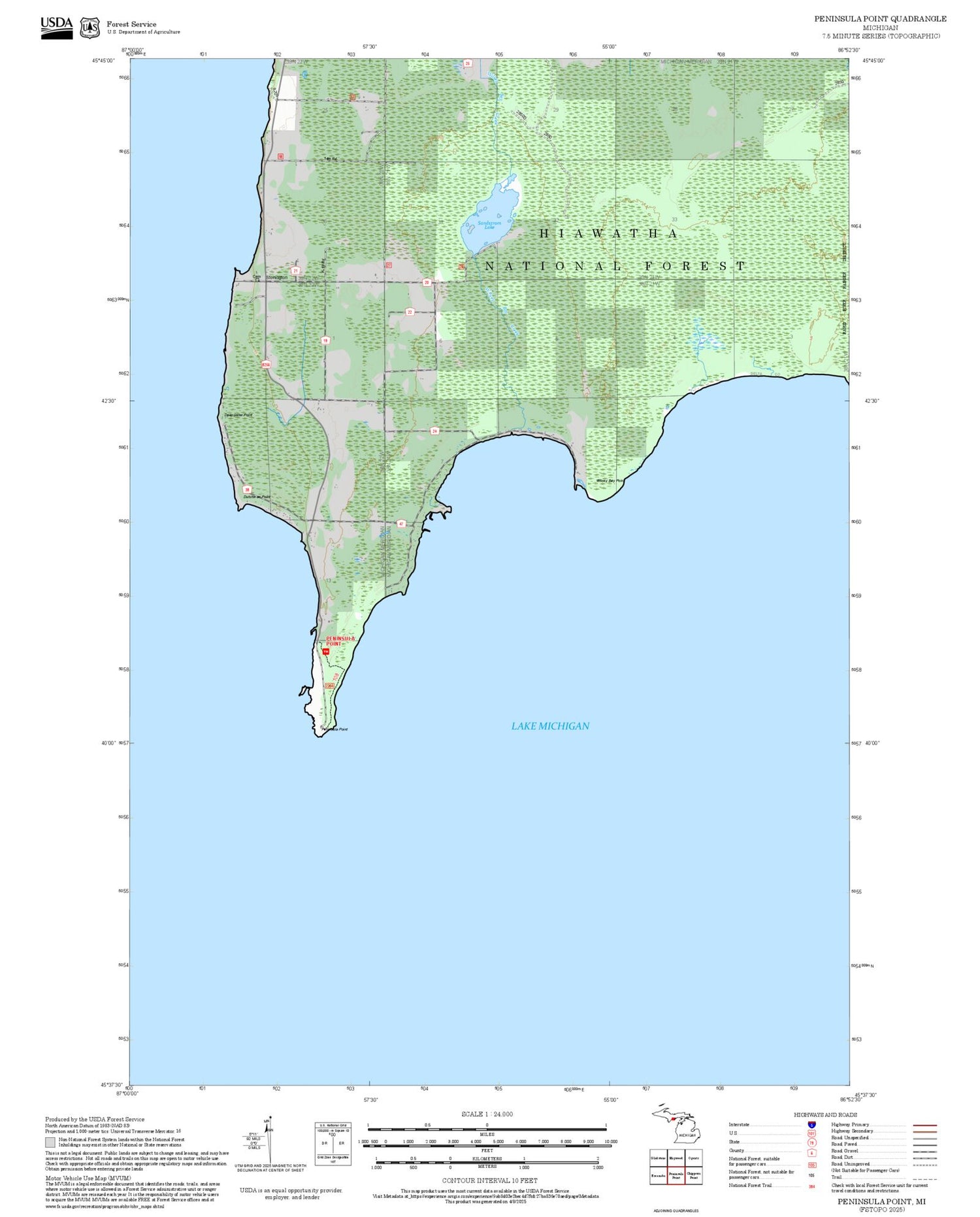 2025 Forest Service Topo Map of Peninsula Point Michigan