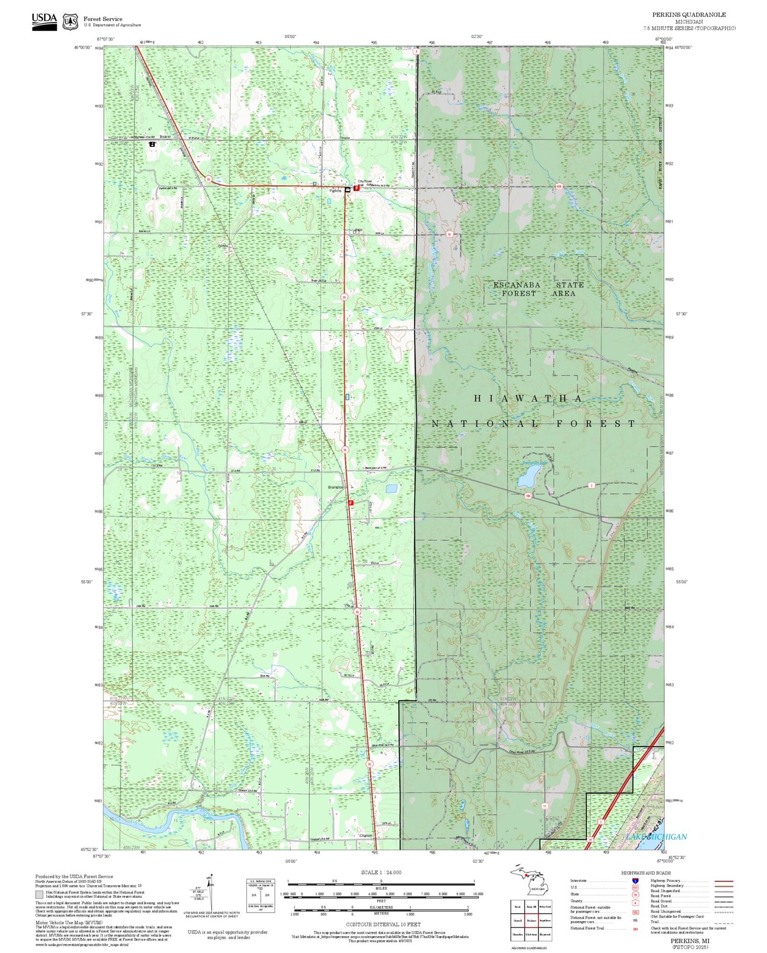 2025 Forest Service Topo Map of Perkins Michigan
