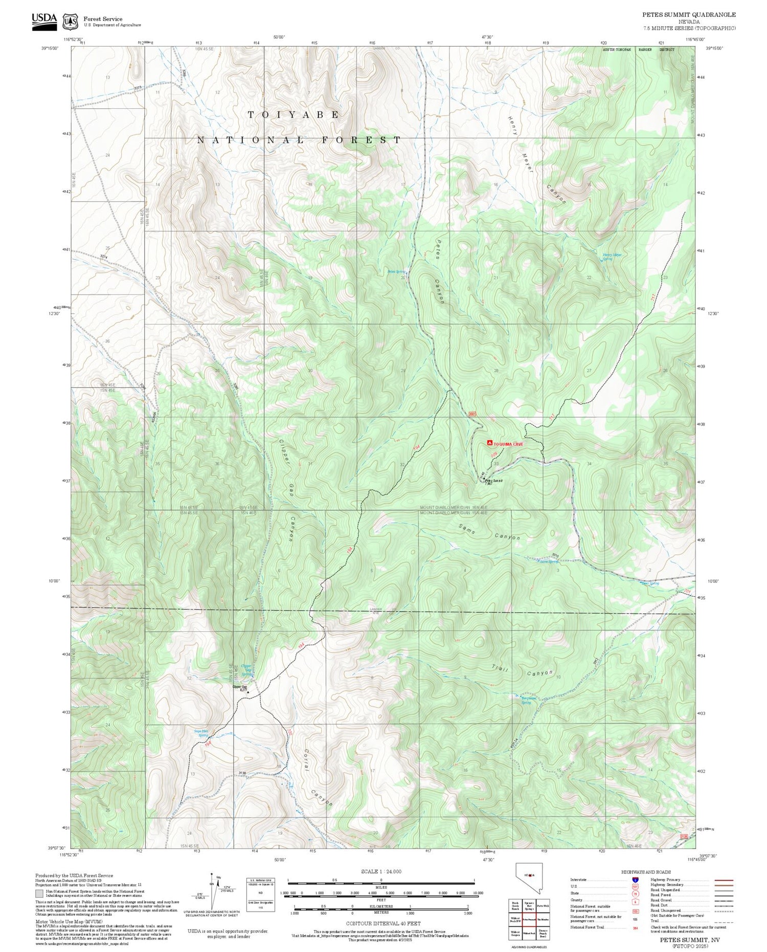 2025 Forest Service Topo Map of Petes Summit Nevada