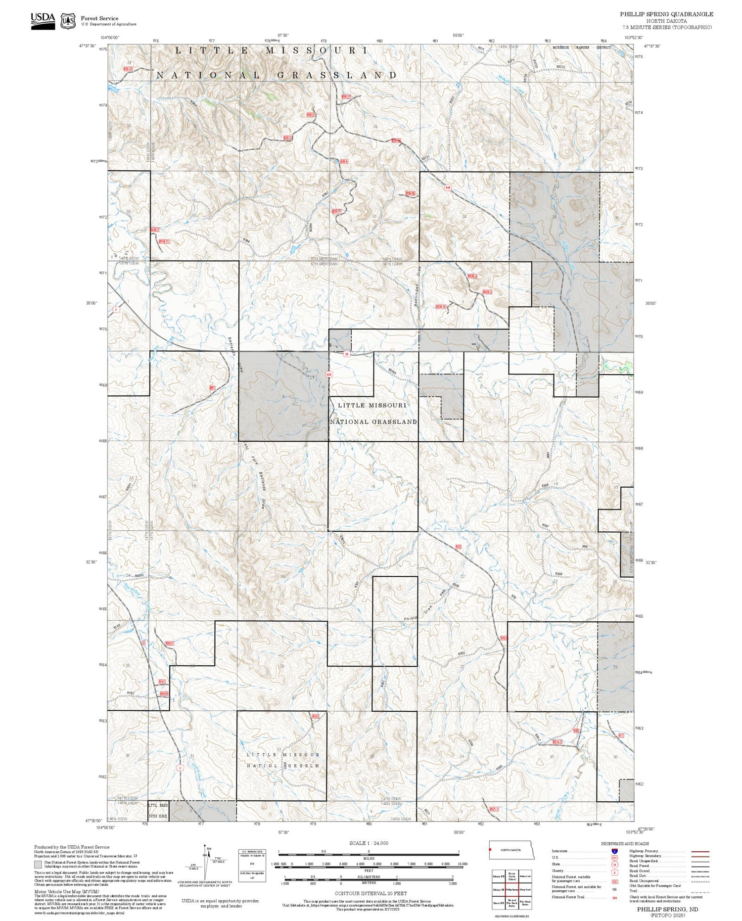 2025 Forest Service Topo Map of Phillip Spring North Dakota