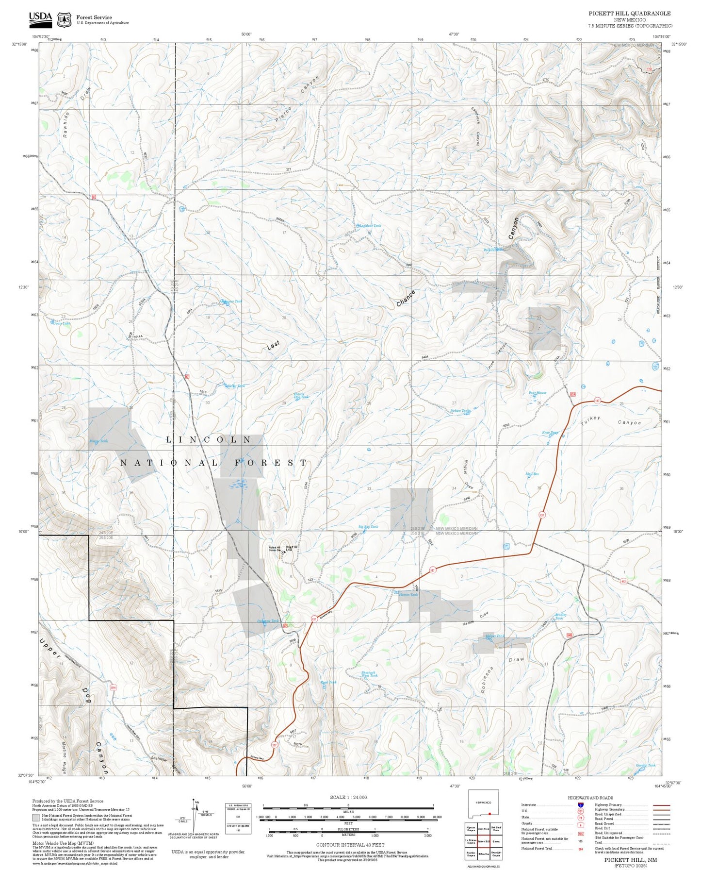 2025 Forest Service Topo Map of Pickett Hill New Mexico