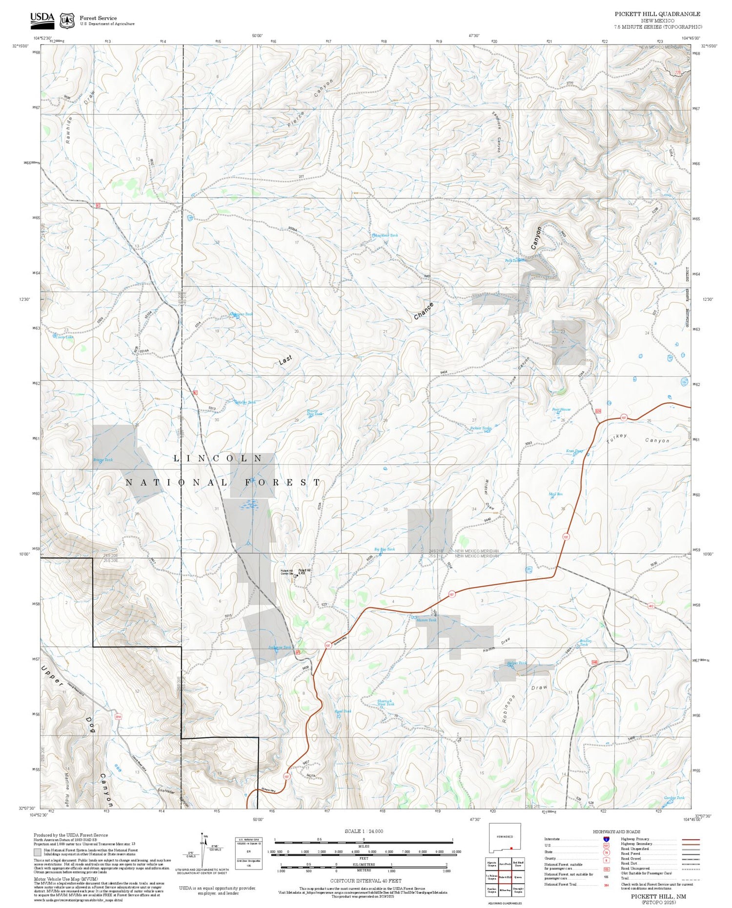 2025 Forest Service Topo Map of Pickett Hill New Mexico