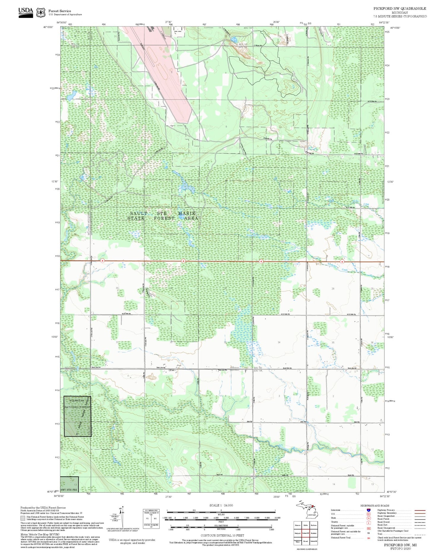 2025 Forest Service Topo Map of Pickford NW Michigan