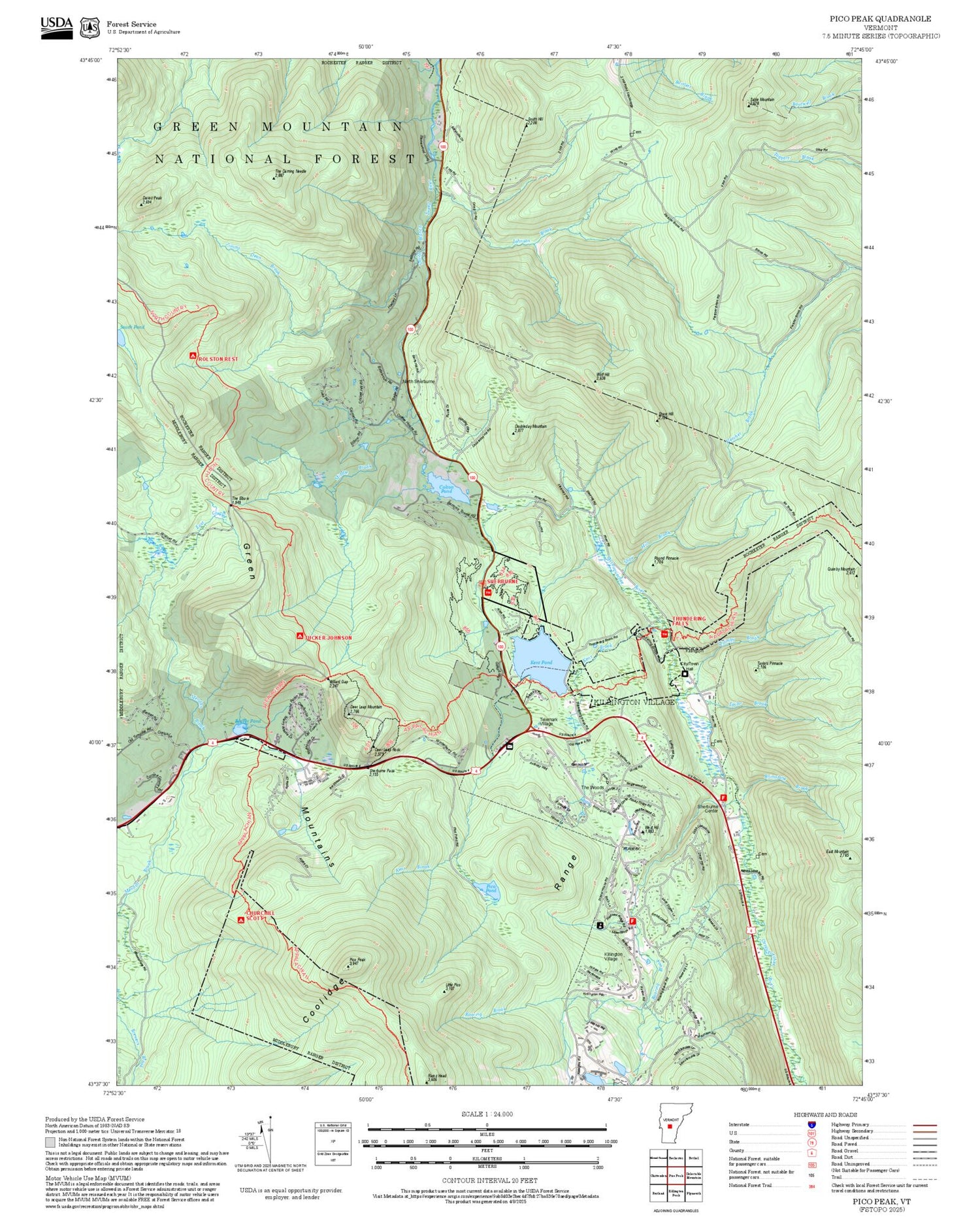 2025 Forest Service Topo Map of Pico Peak Vermont