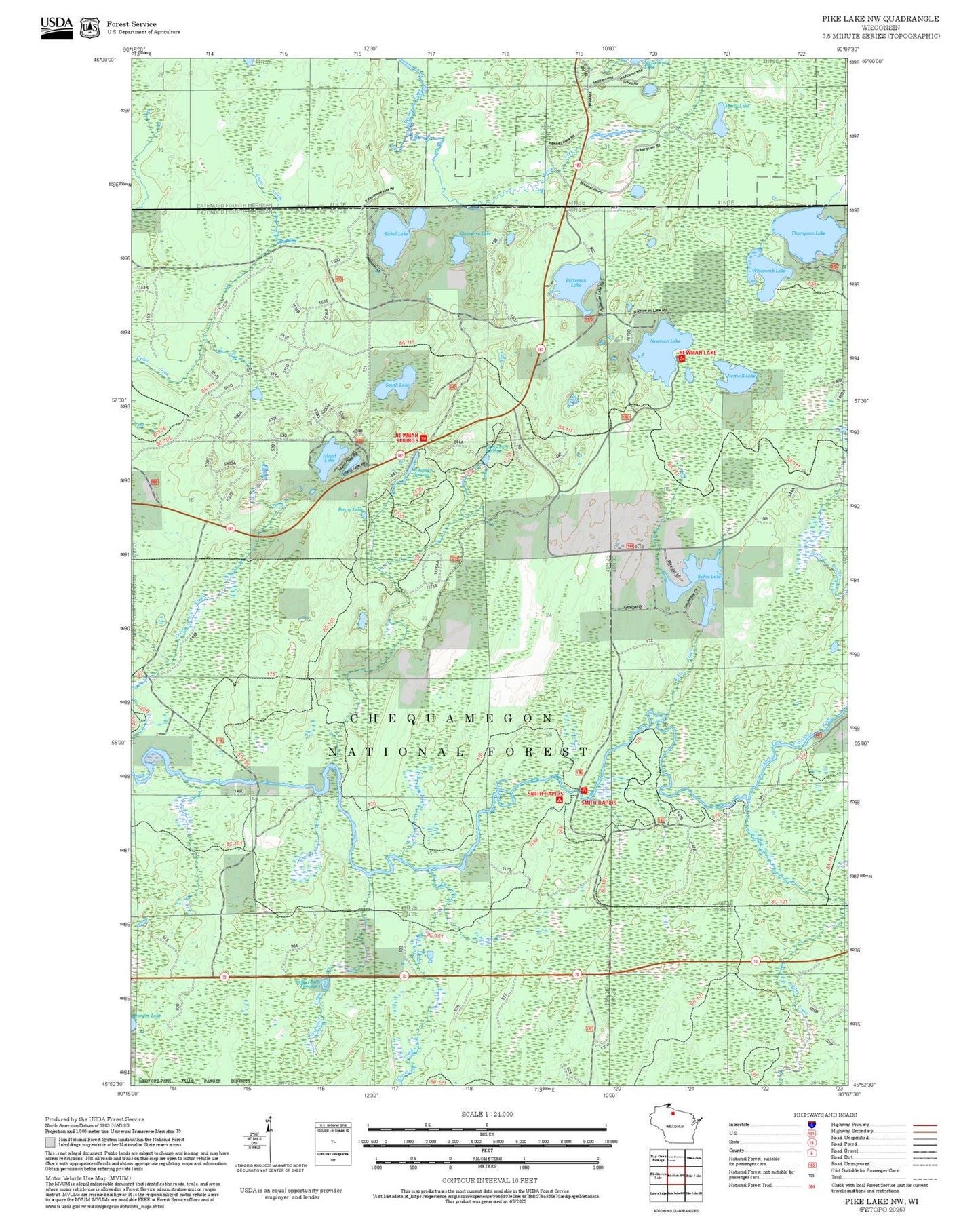 2025 Forest Service Topo Map of Pike Lake NW Wisconsin