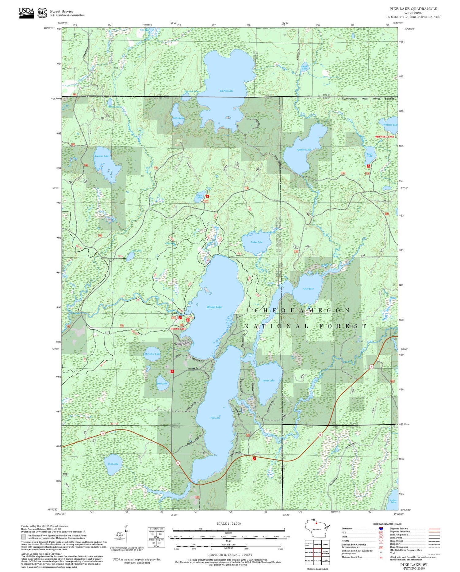2025 Forest Service Topo Map of Pike Lake Wisconsin