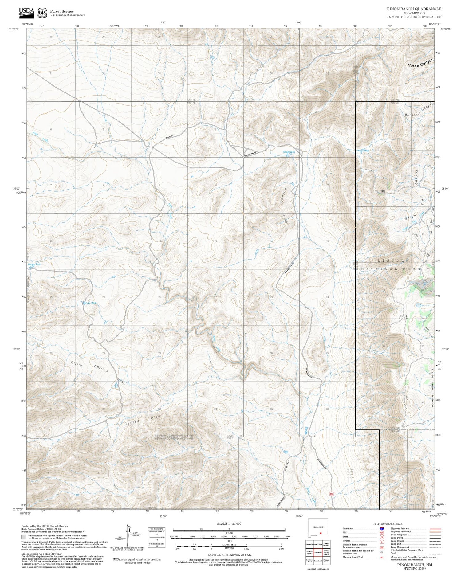 2025 Forest Service Topo Map of Pinon Ranch New Mexico