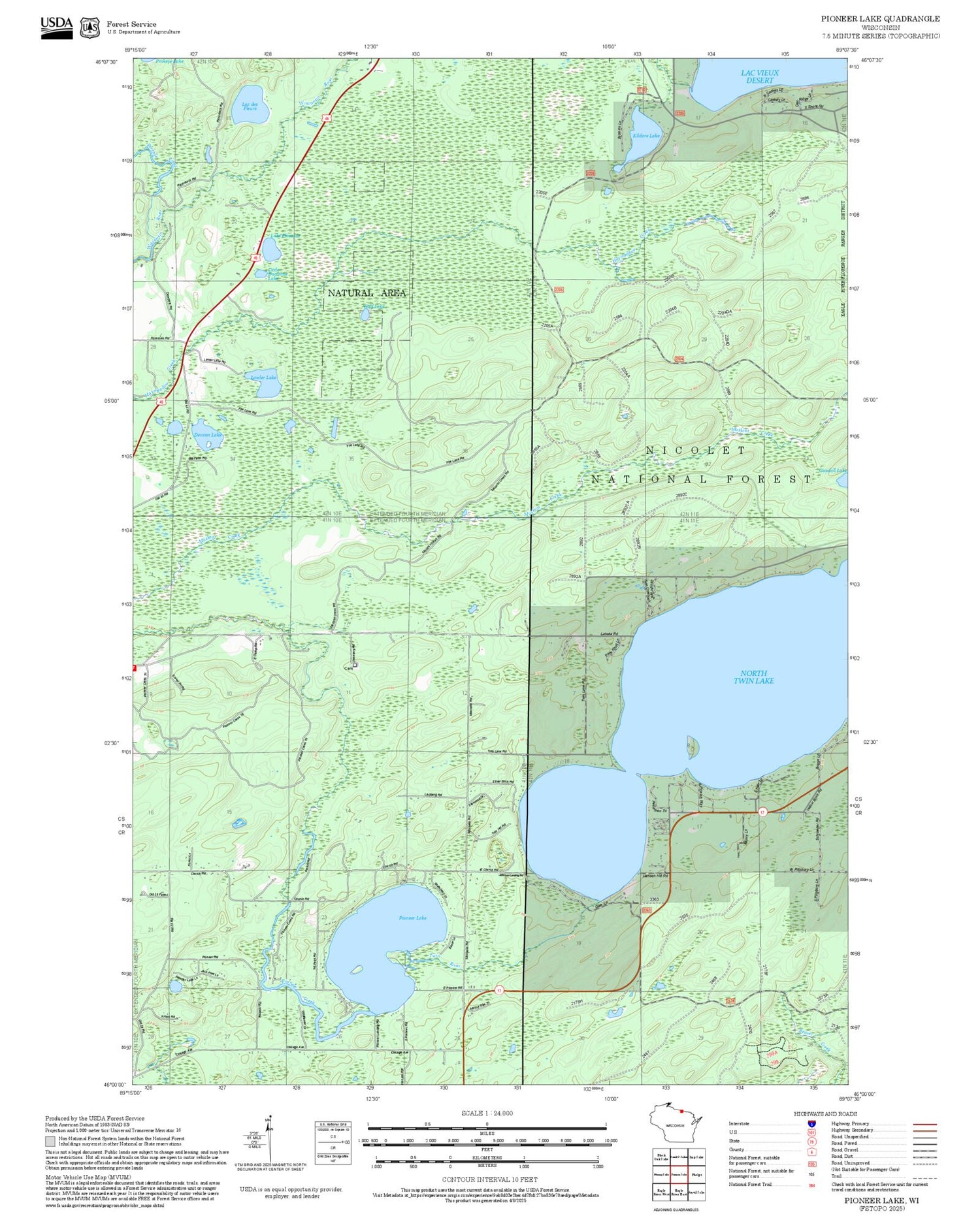 2025 Forest Service Topo Map of Pioneer Lake Wisconsin