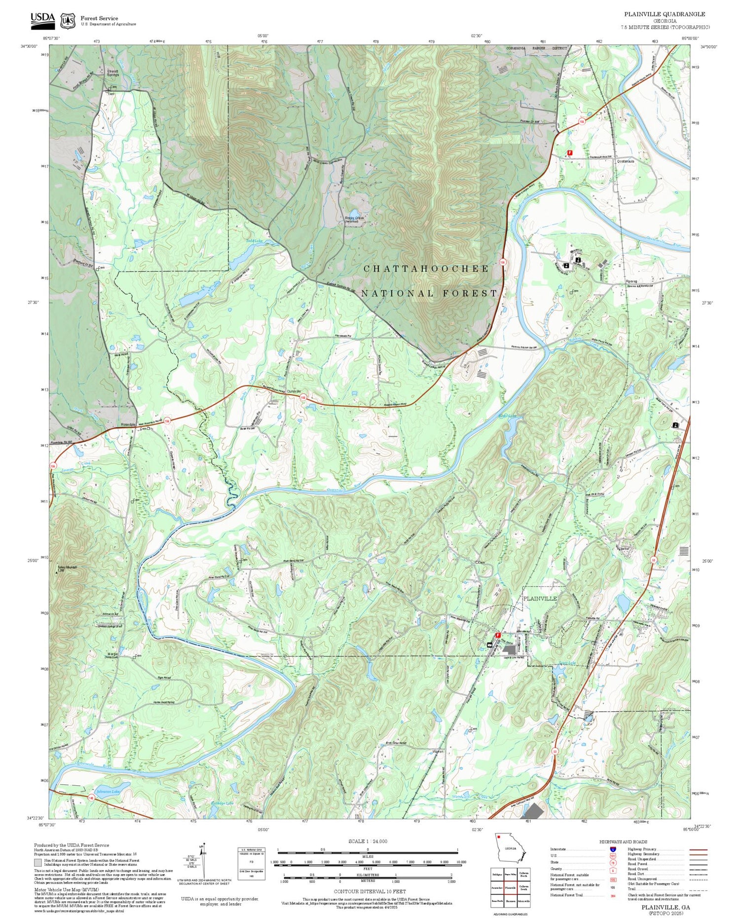 2025 Forest Service Topo Map of Plainville Georgia