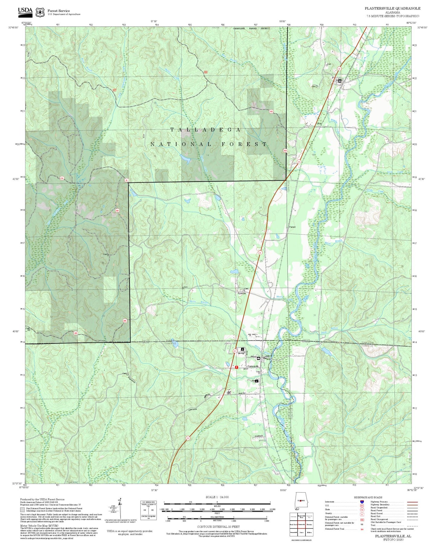2025 Forest Service Topo Map of Plantersville Alabama
