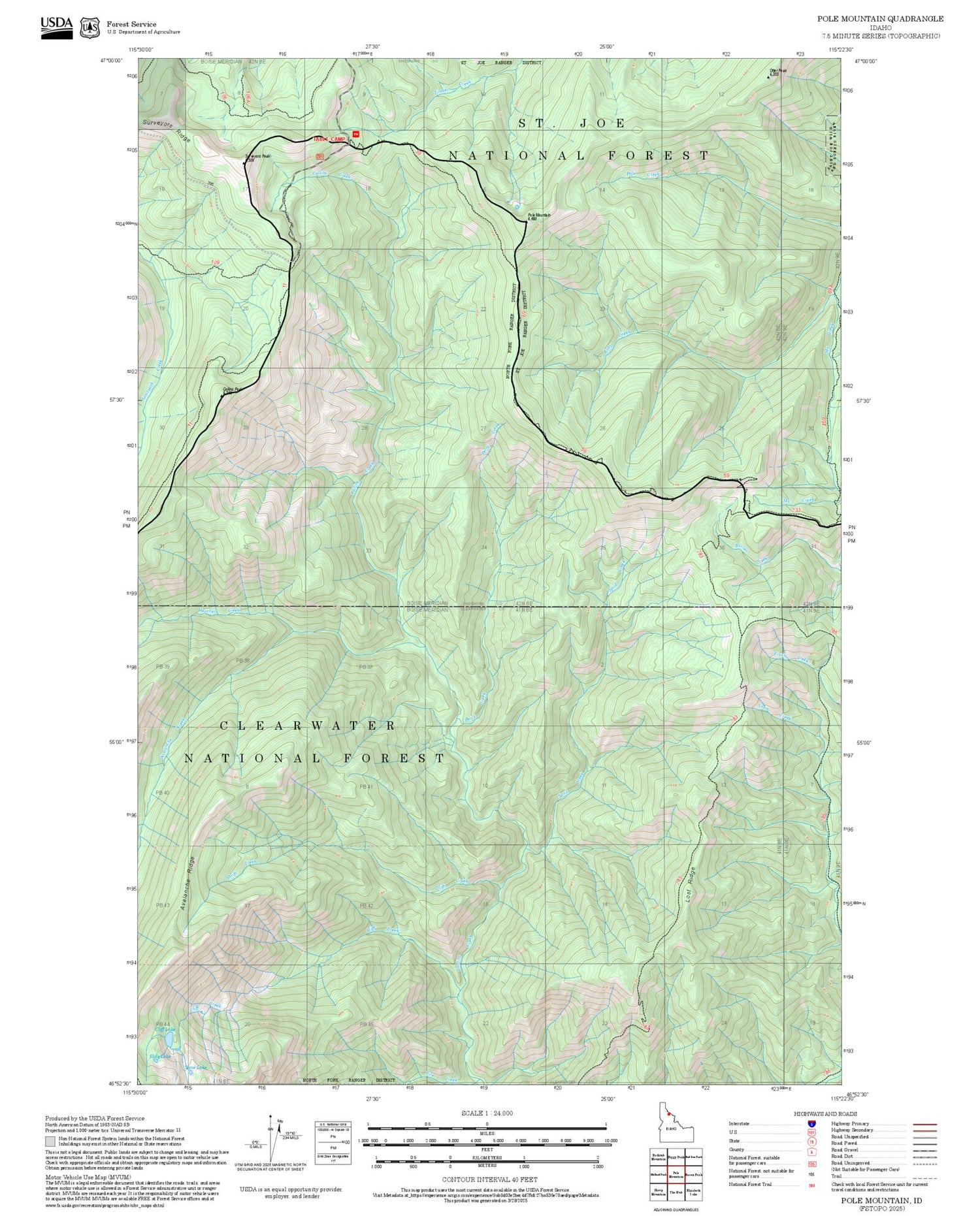 2025 Forest Service Topo Map of Pole Mountain Idaho