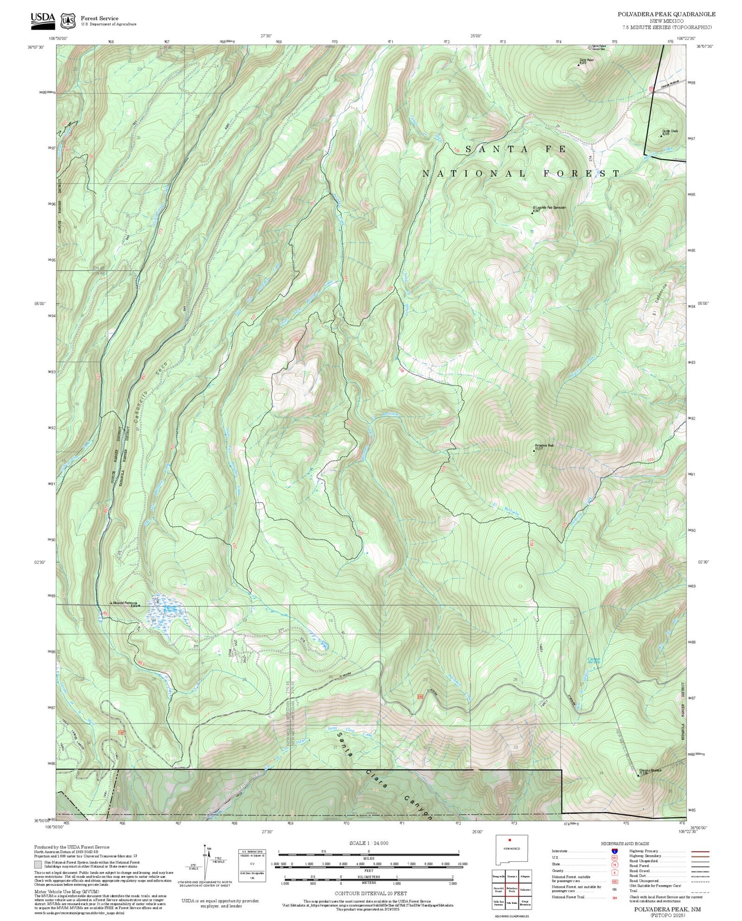 2025 Forest Service Topo Map of Polvadera Peak New Mexico