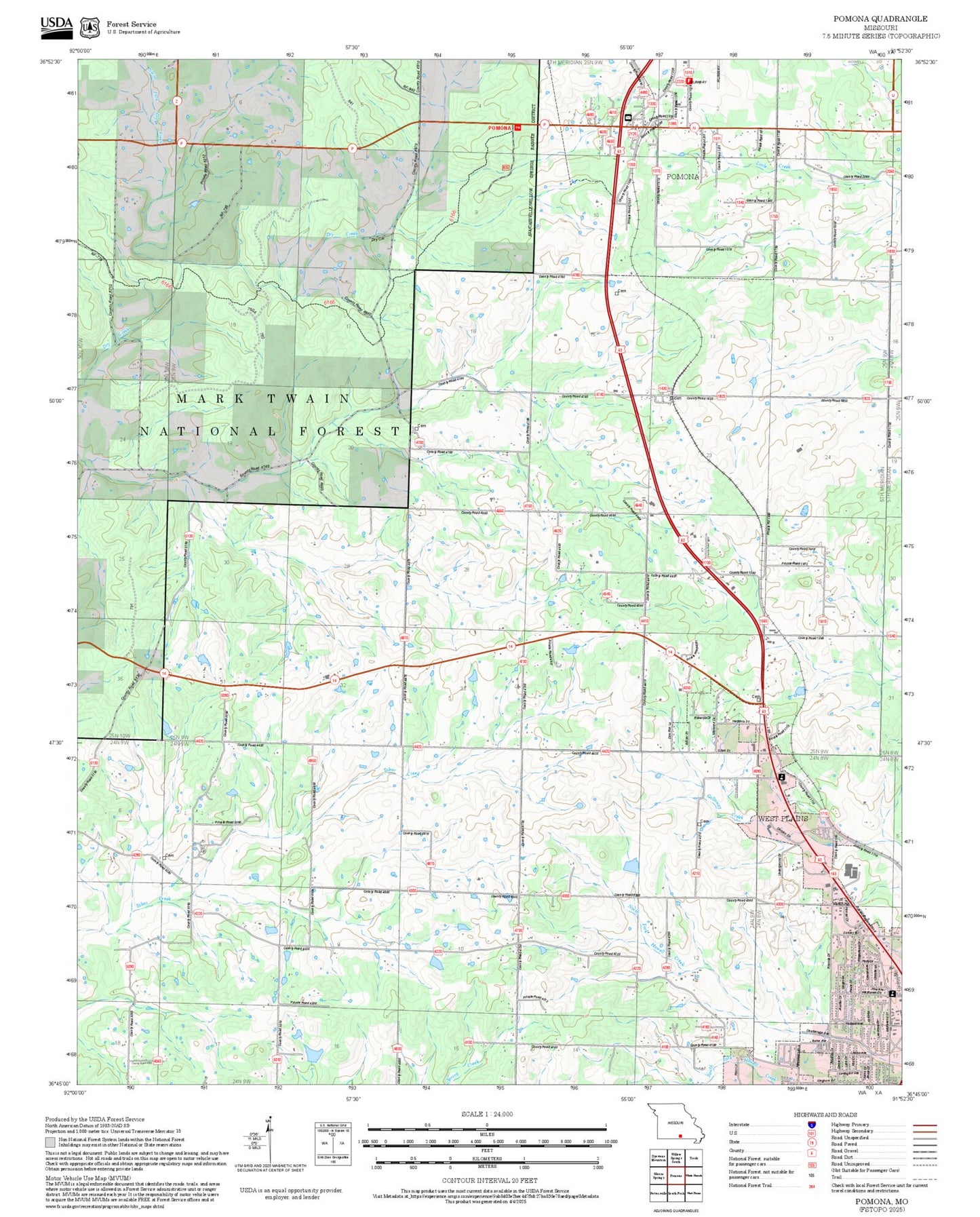 2025 Forest Service Topo Map of Pomona Missouri