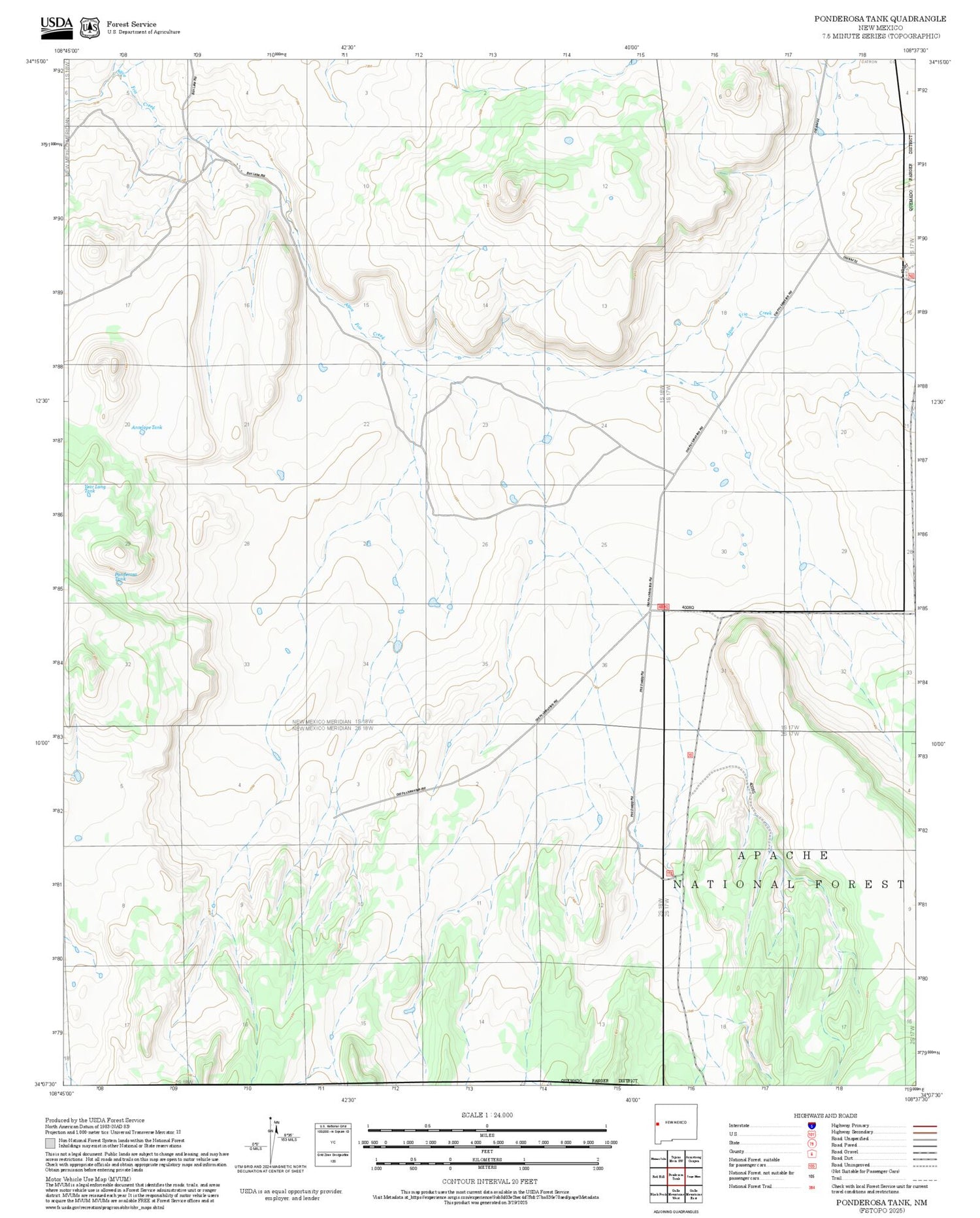 2025 Forest Service Topo Map of Ponderosa Tank New Mexico