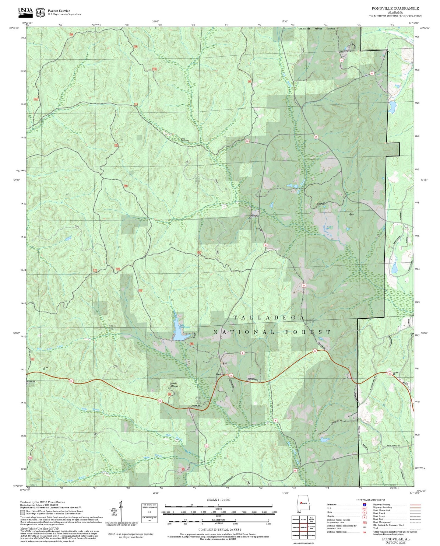 2025 Forest Service Topo Map of Pondville Alabama