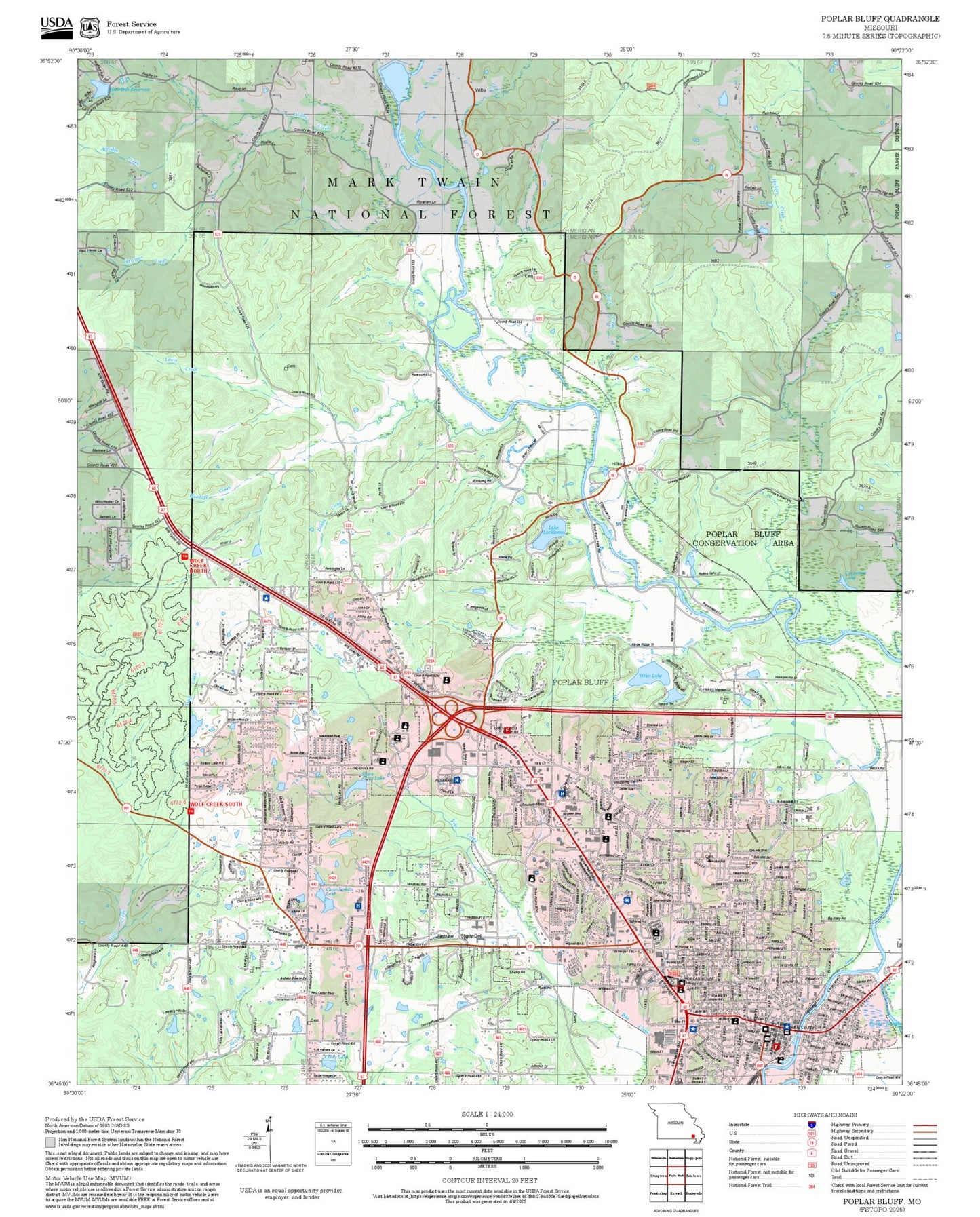 2025 Forest Service Topo Map of Poplar Bluff Missouri