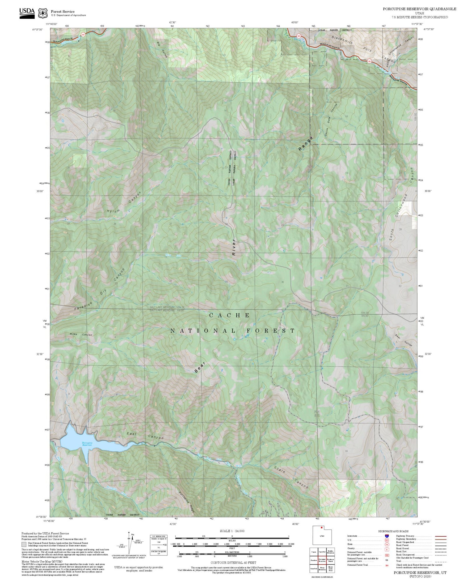 2025 Forest Service Topo Map of Porcupine Reservoir Utah