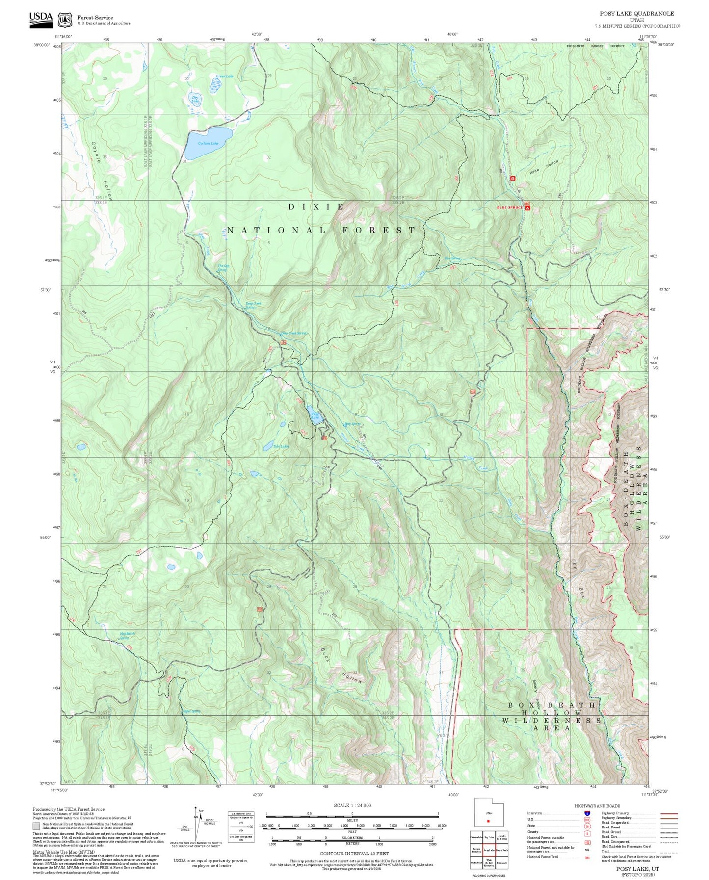 2025 Forest Service Topo Map of Posy Lake Utah